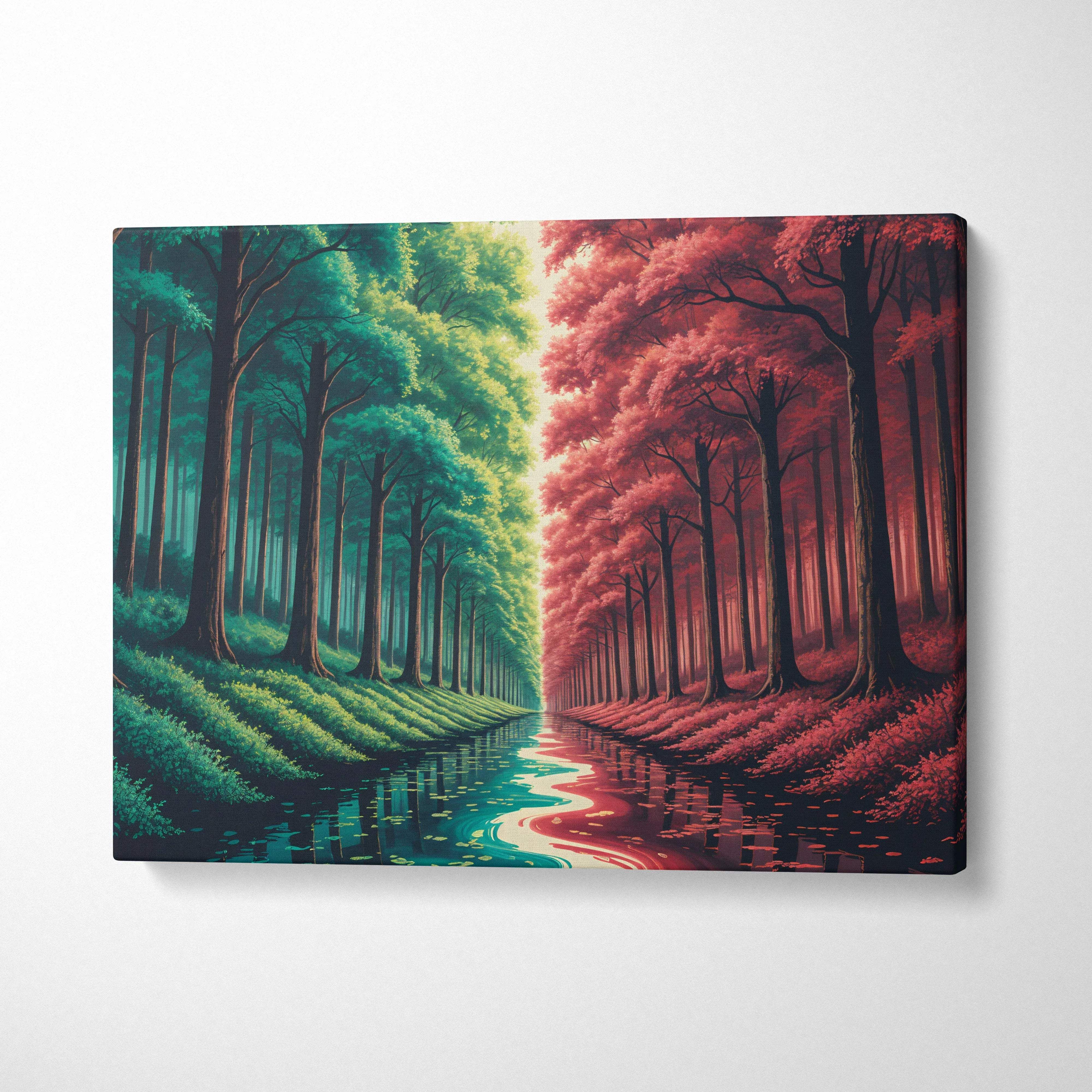 Surreal mirrored forest canvas art with green teal and crimson realms