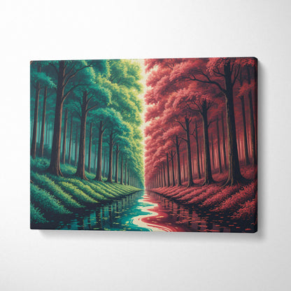 Surreal mirrored forest canvas art with green teal and crimson realms