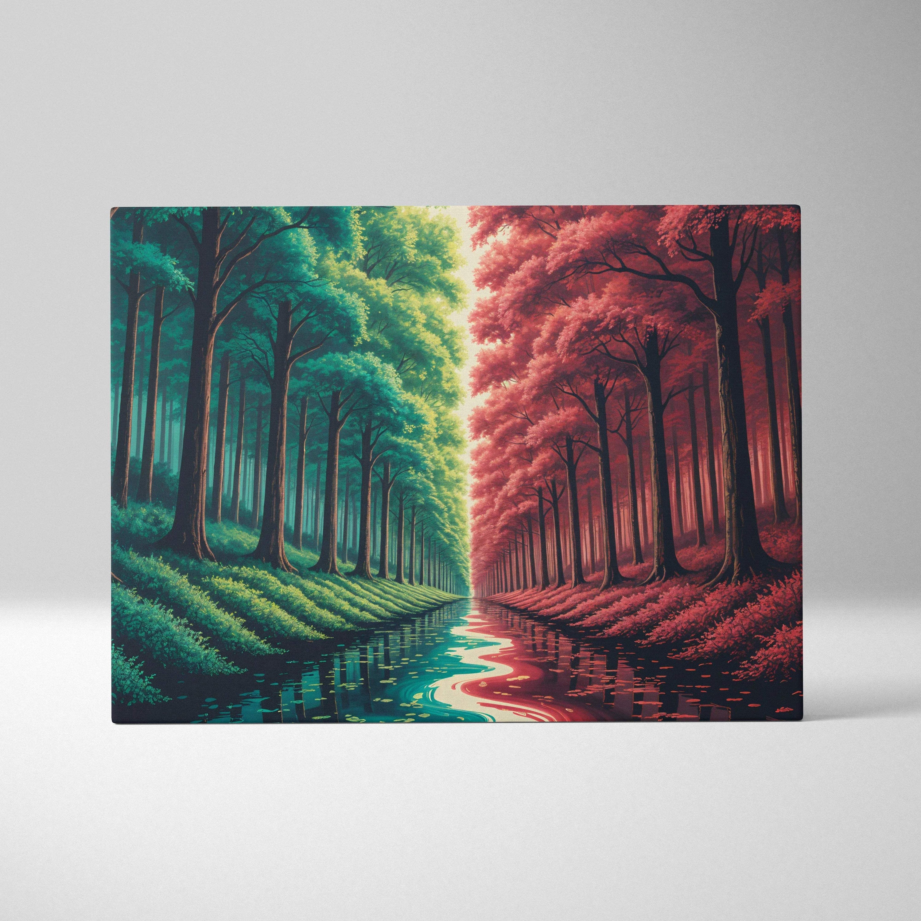 Surreal mirrored forest path canvas art in teal green and crimson realms