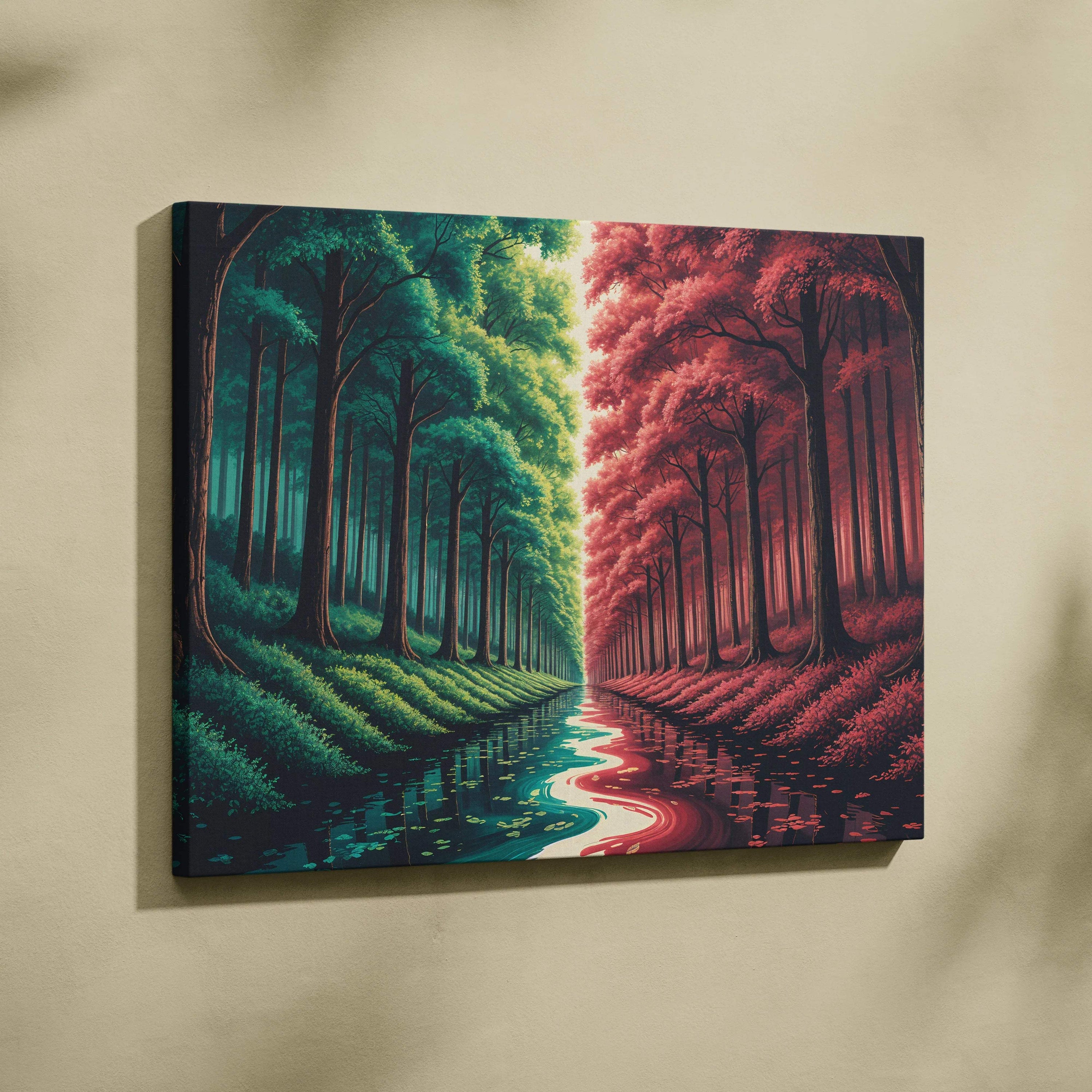 Mirrored forest canvas wall art with green teal and crimson realms, winding river