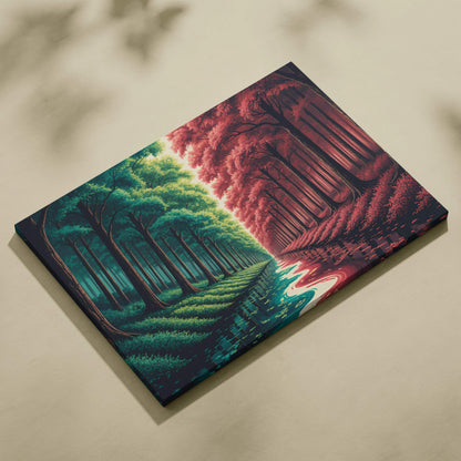 Mirrored forest canvas art split in green-teal and crimson realms with river
