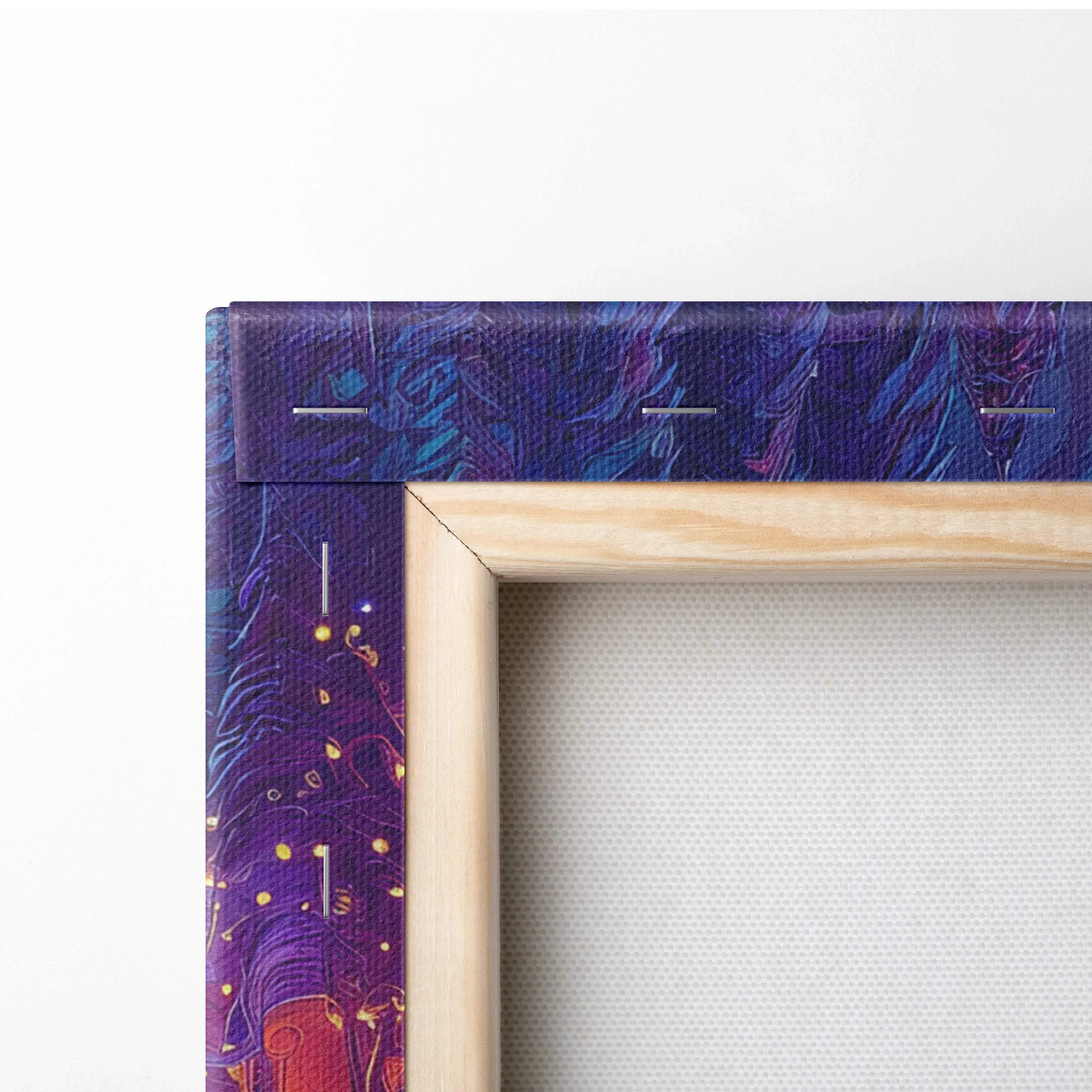 Fantasy winter village canvas wall art in purple cosmic frame