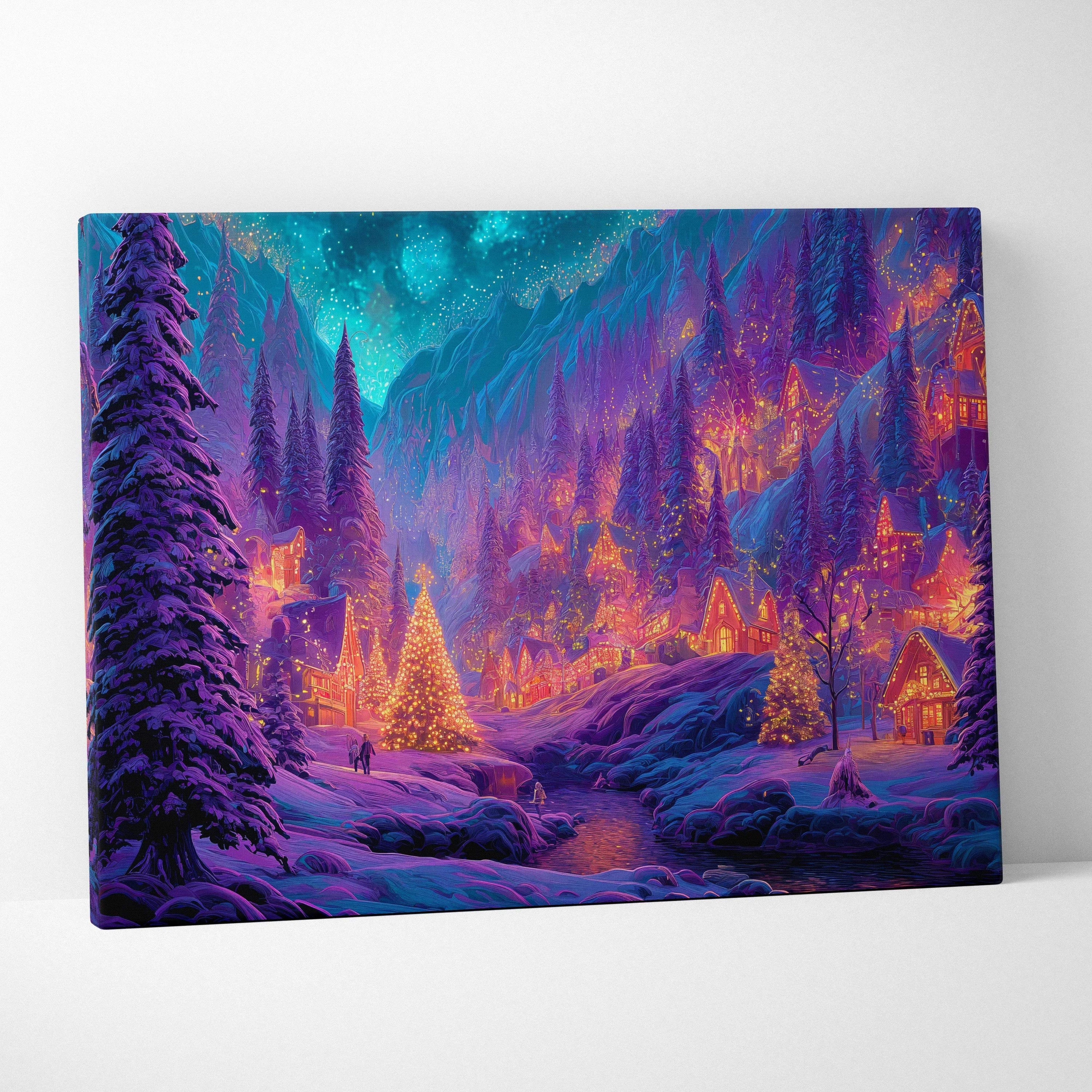 Fantasy winter village canvas wall art with glowing mountain town under starry sky