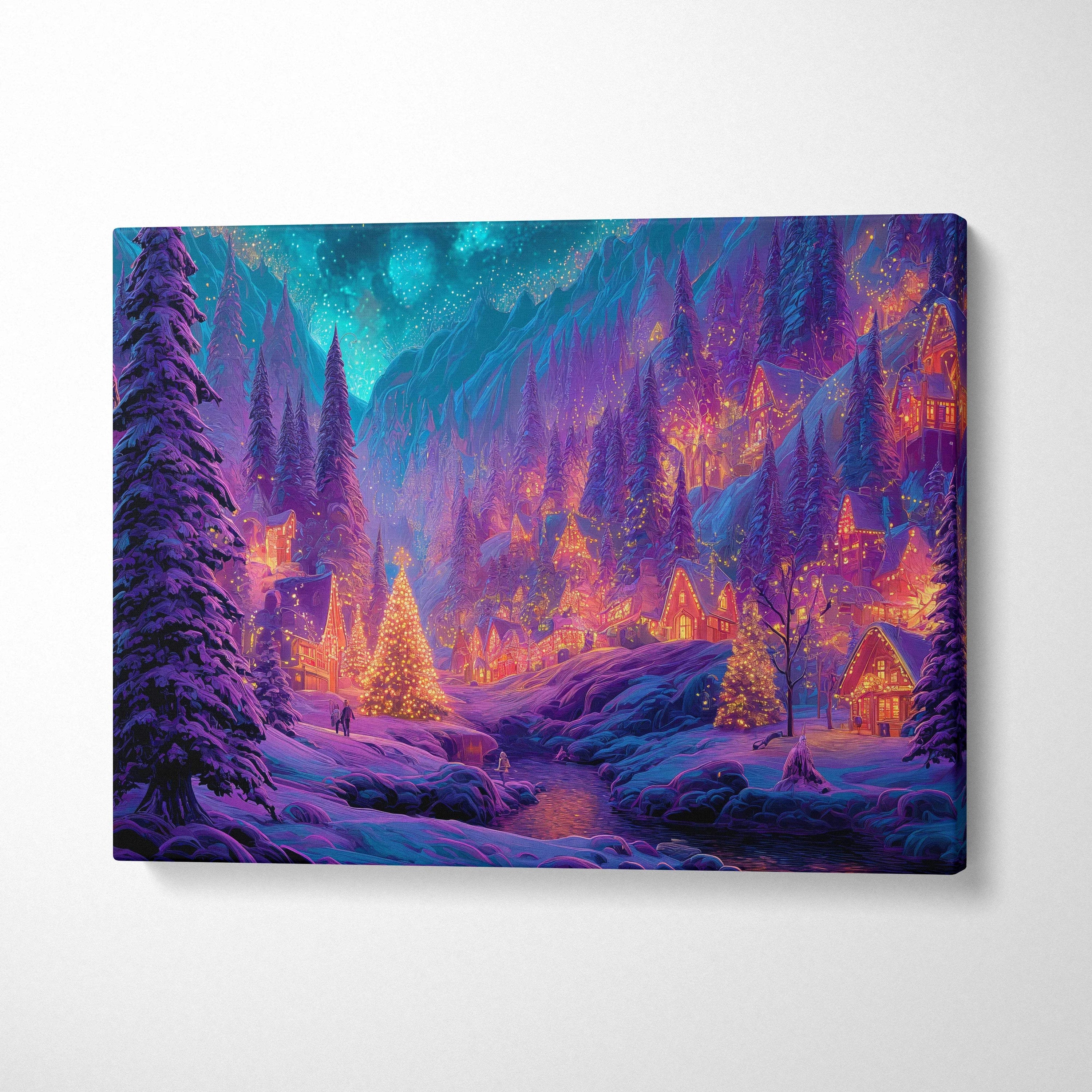 Vibrant neon fantasy winter village canvas print under aurora starry sky