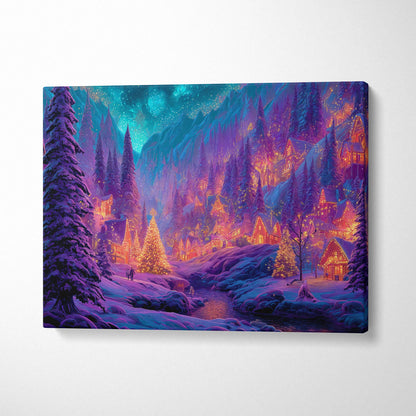 Vibrant neon fantasy winter village canvas print under aurora starry sky
