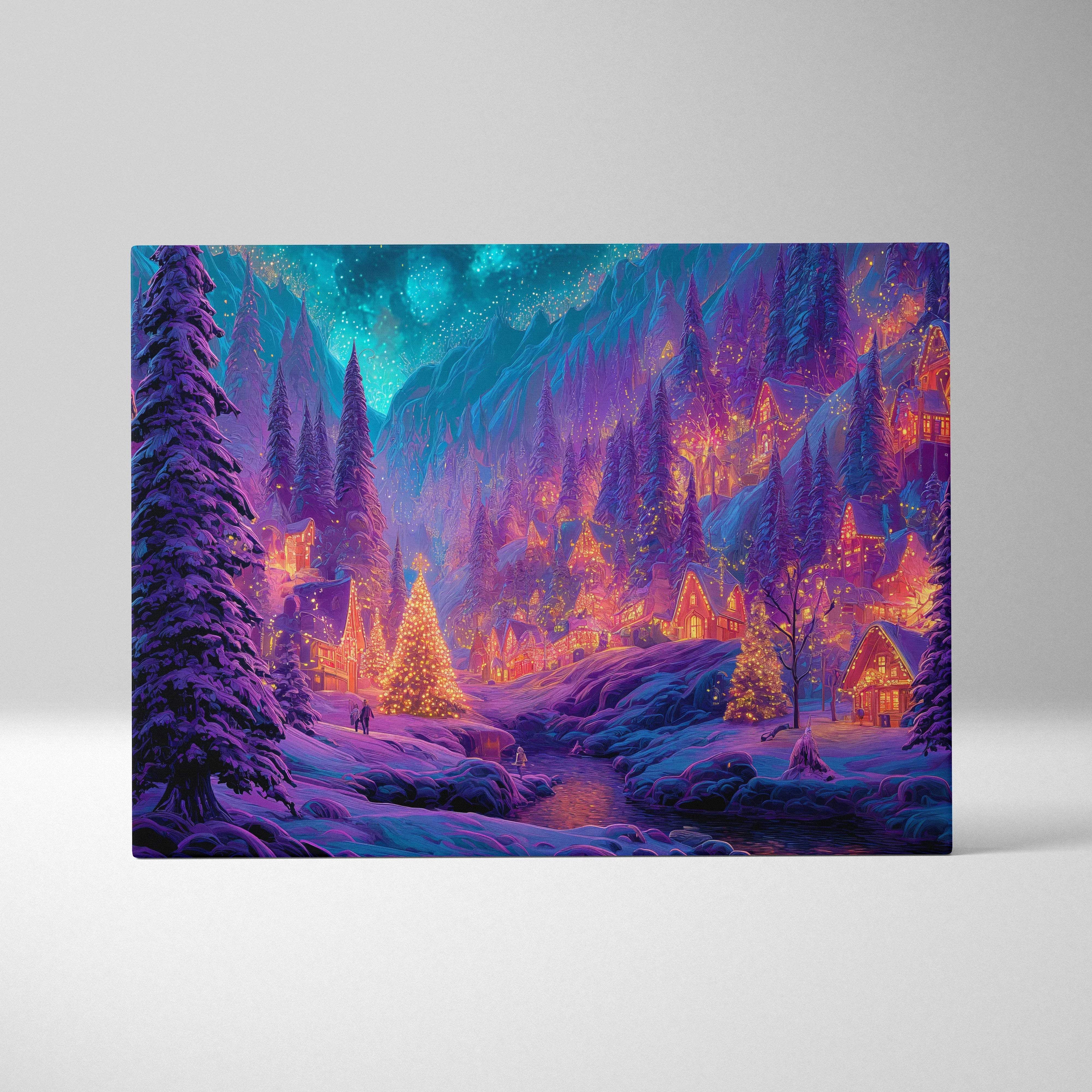 Fantasy winter village canvas wall art with glowing lanterns, starry sky, snow pines