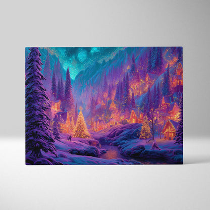 Fantasy winter village canvas wall art with glowing lanterns, starry sky, snow pines