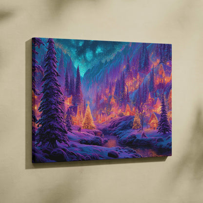 Fantasy winter village canvas art with glowing lanterns under starry teal sky