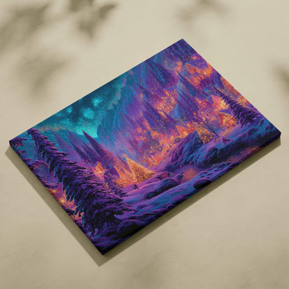Fantasy winter village canvas with glowing orange cabins, snow pines, starry teal sky