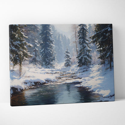 Snowy pines line serene icy creek in Winter Forest Creek canvas art
