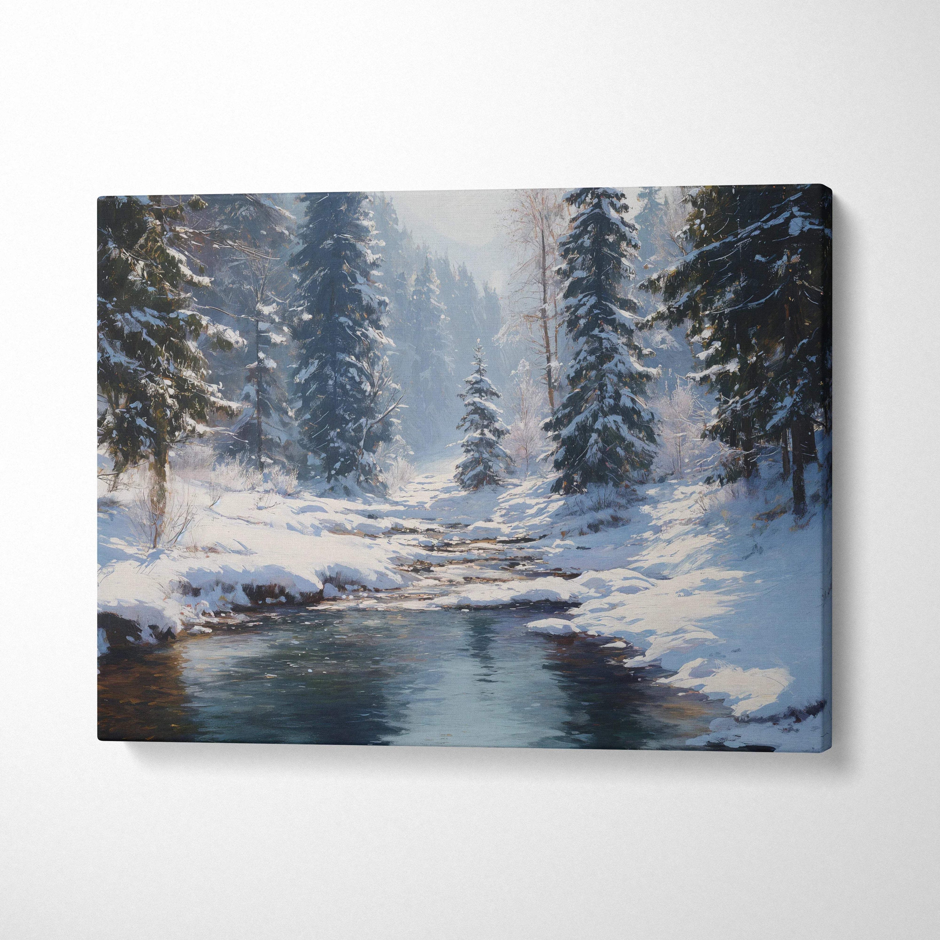 Snowy pines line serene icy creek in Winter Forest Creek canvas print
