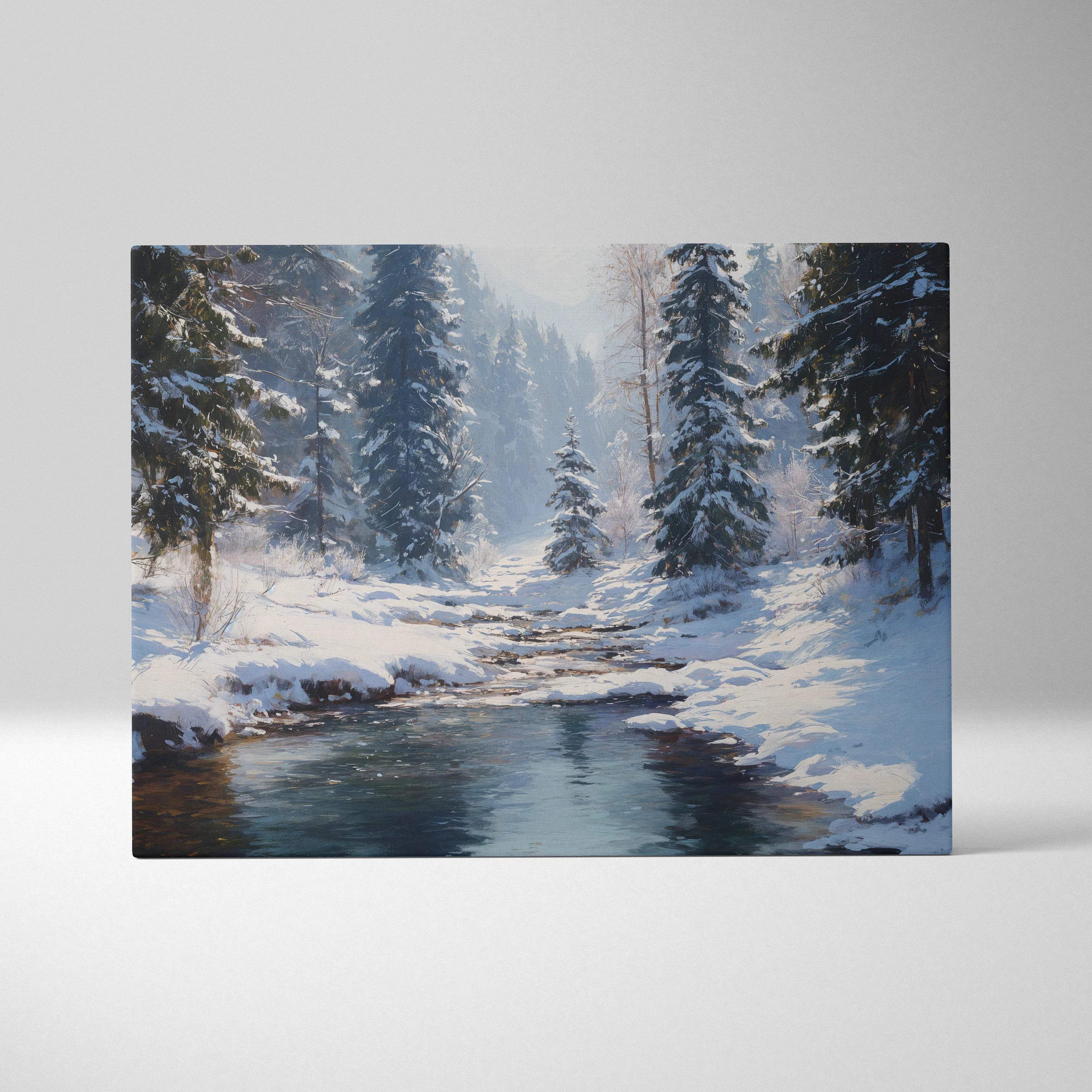Snowy pines line serene creek in winter forest canvas wall art