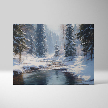 Snowy pines line serene creek in winter forest canvas wall art