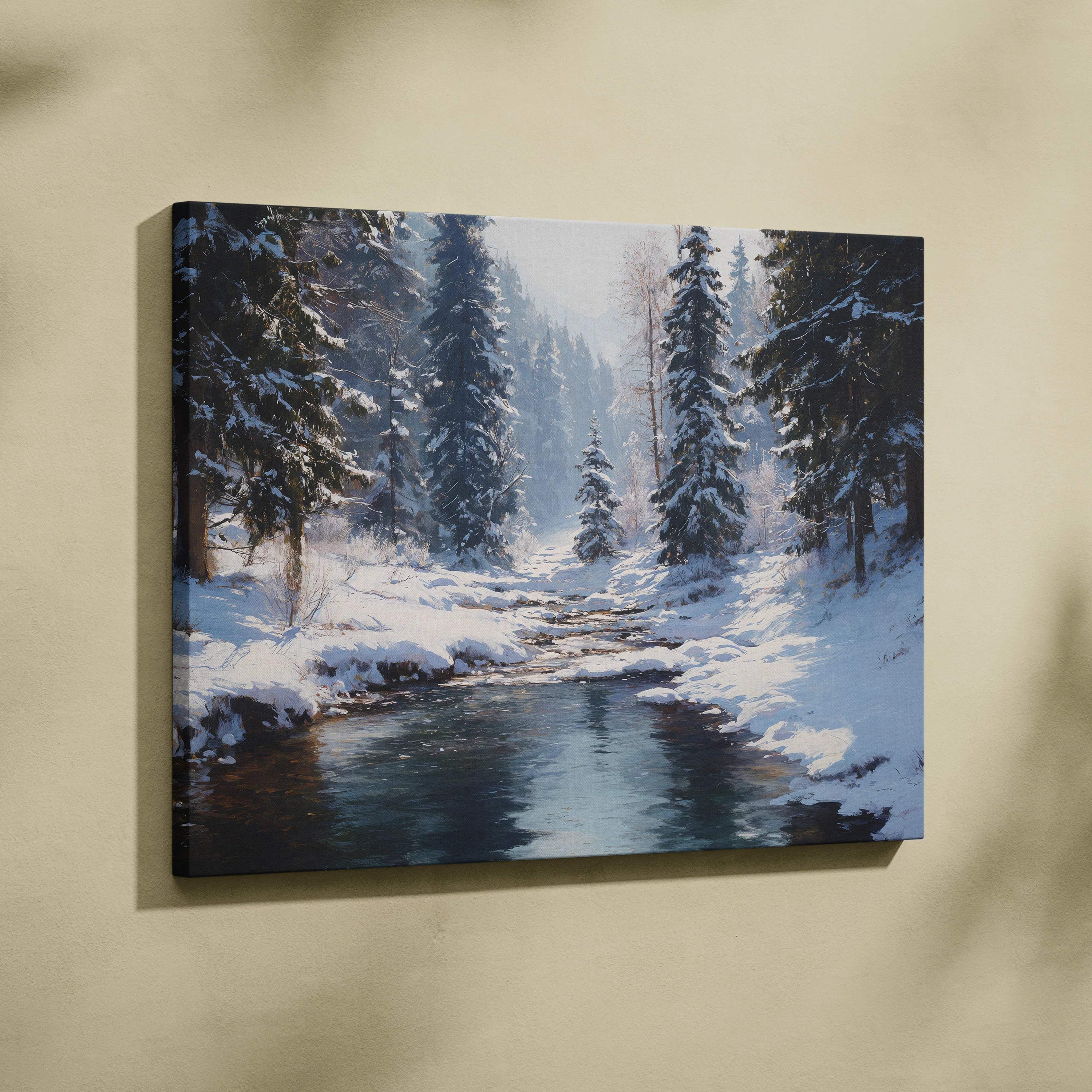 Snowy pines line icy stream in Winter Forest Creek canvas wall art