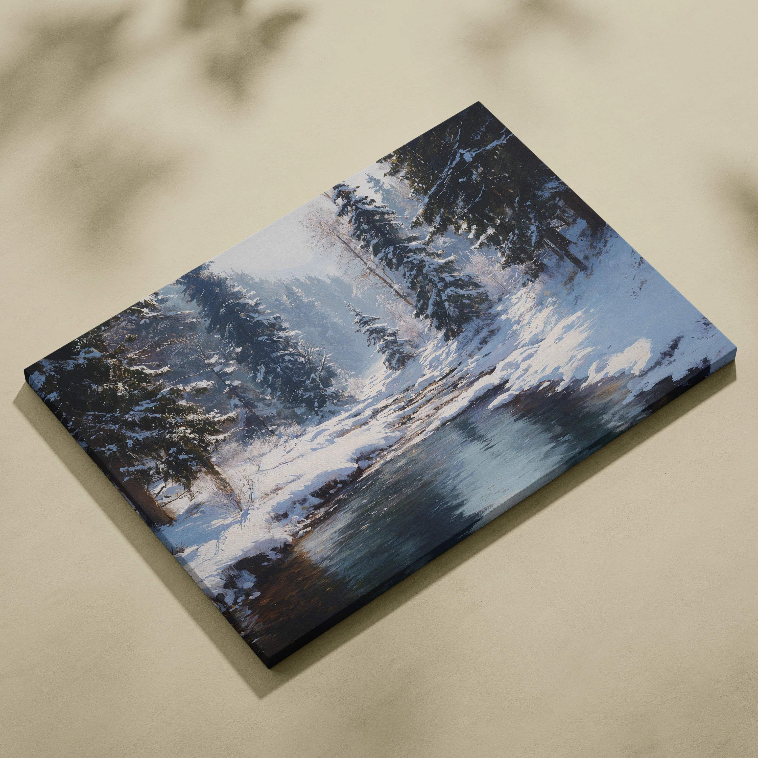 Winter Forest Creek Through Snowy Pines Canvas Wall Art