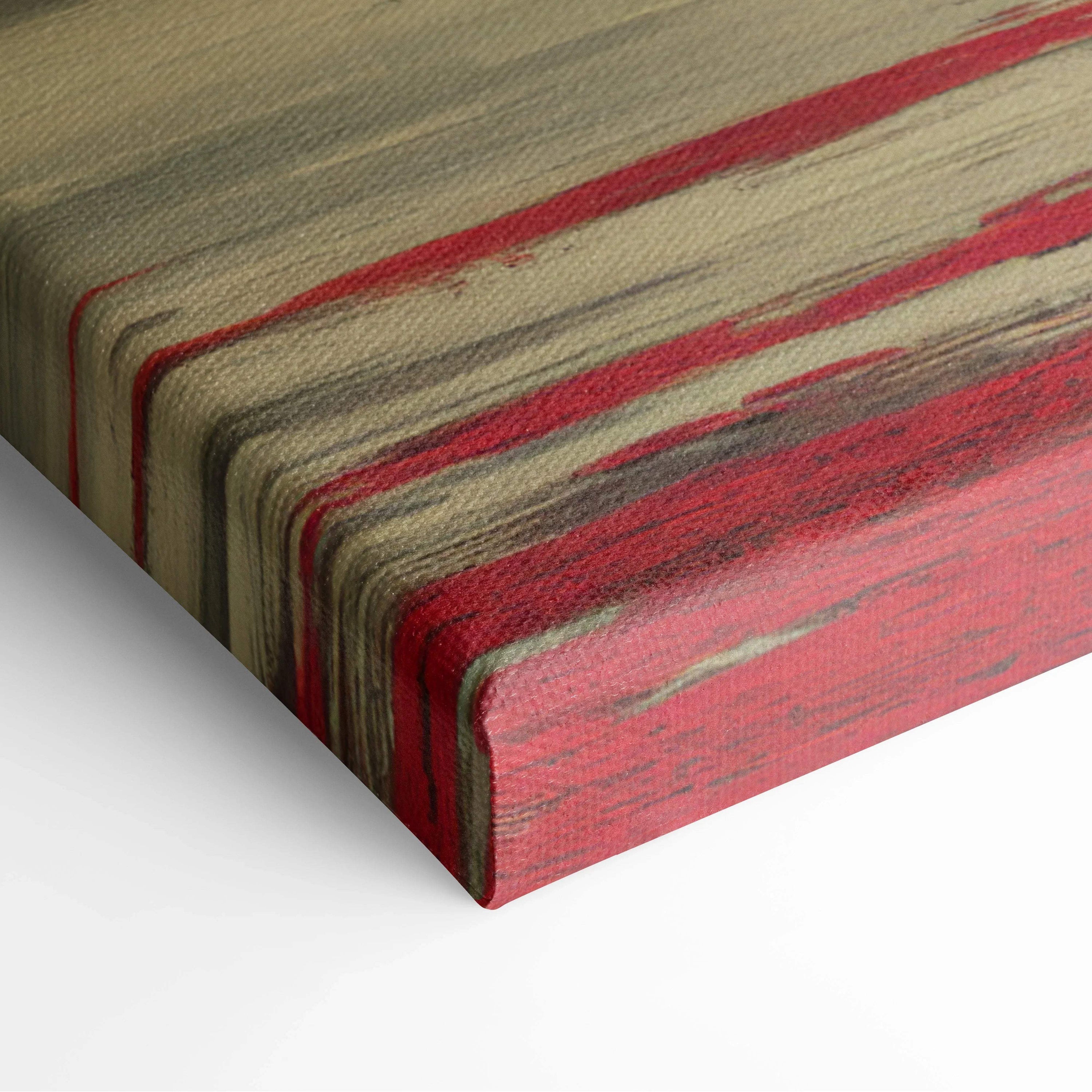 Surreal landscape canvas art with crimson moon, red trees, bold red brown stripes