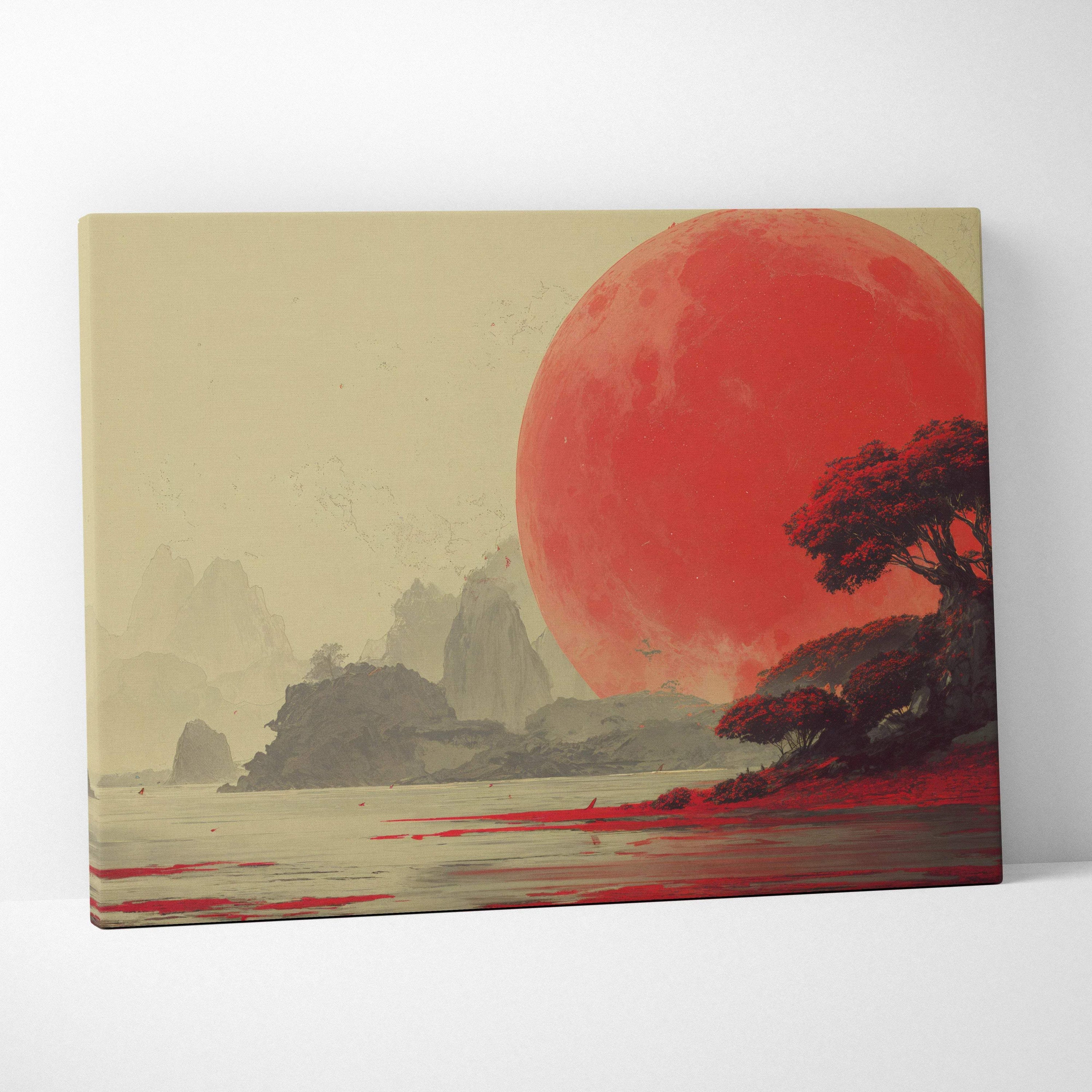 Surreal crimson moon over alien shore canvas with red trees and misty mountains