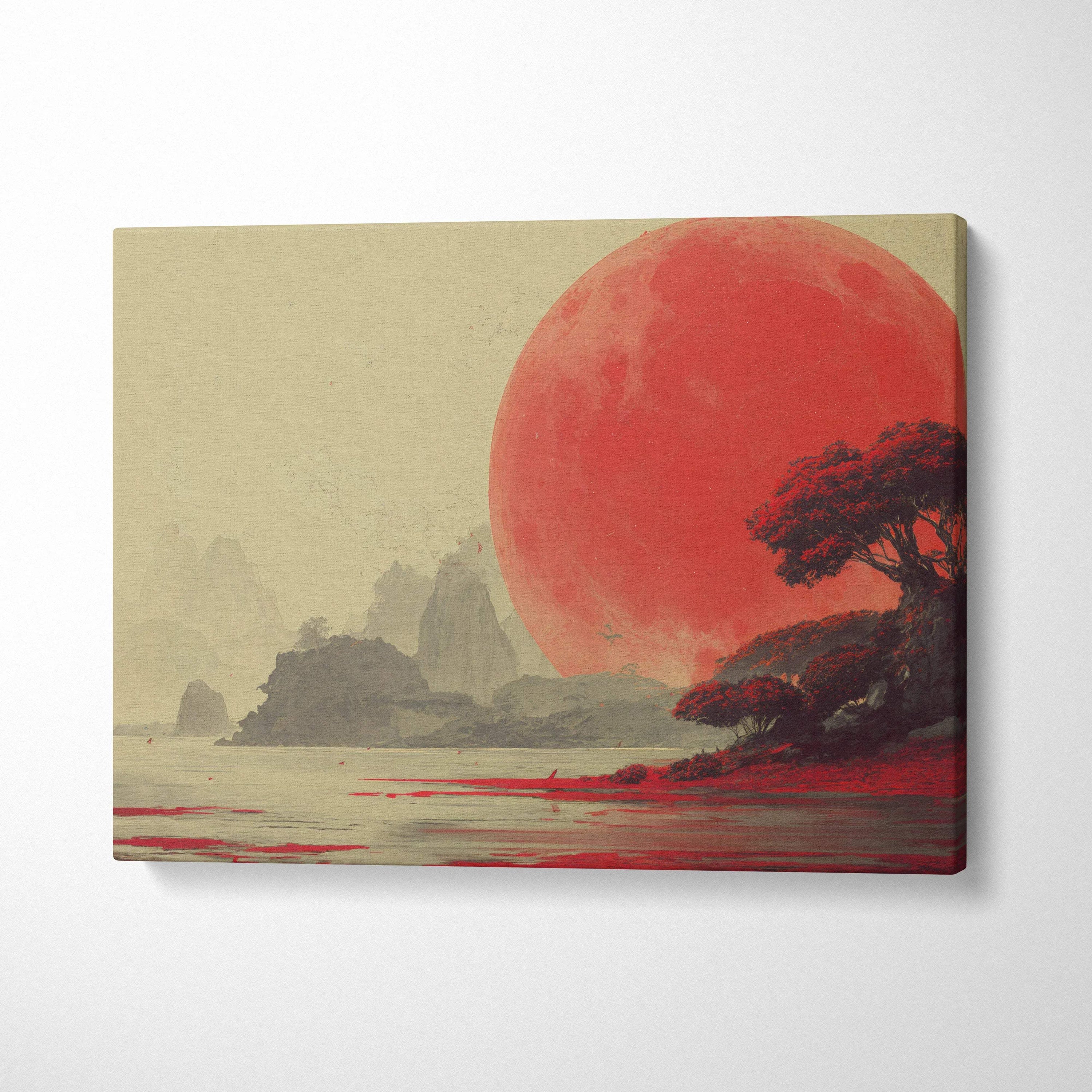 Surreal canvas art with crimson moon over alien shore and misty mountains