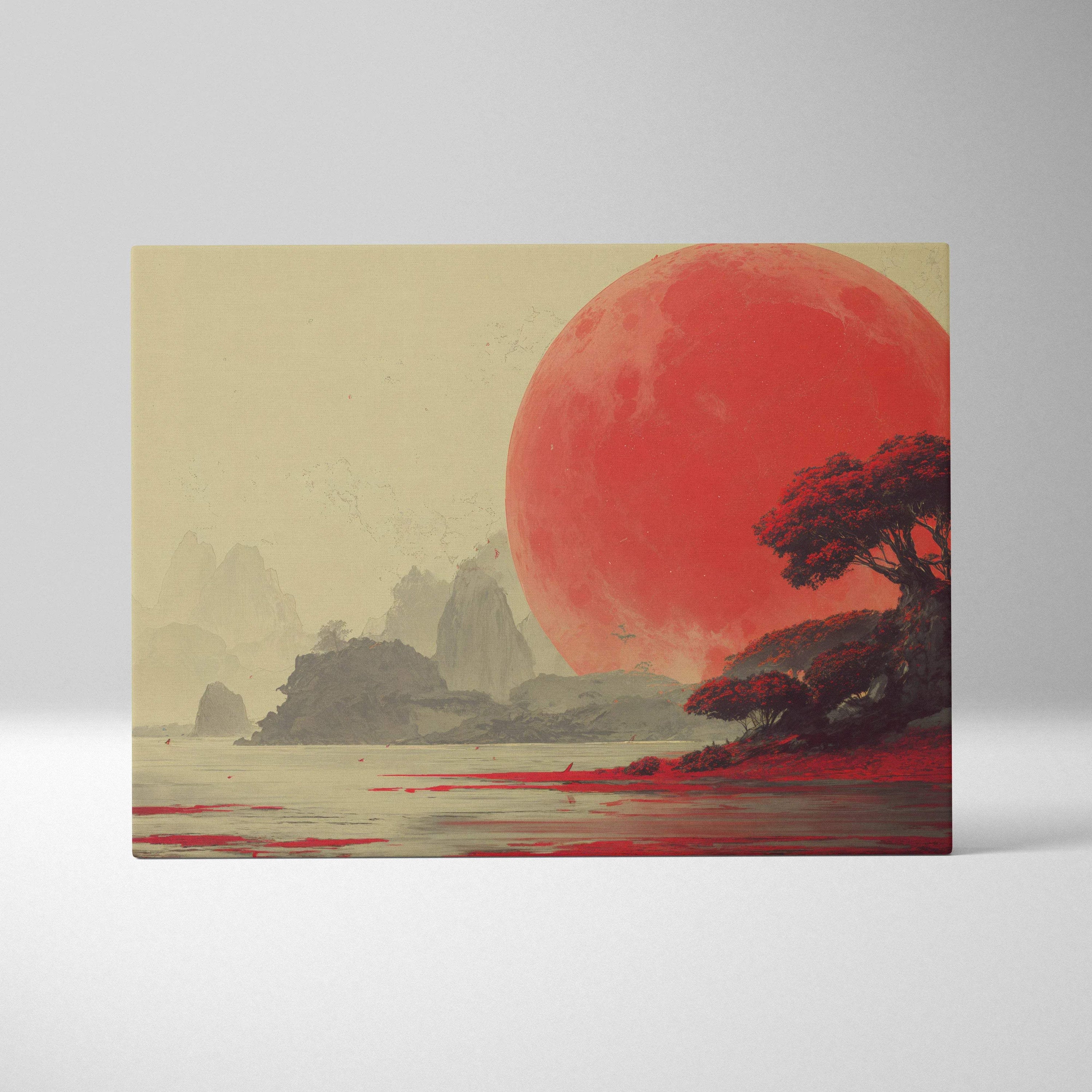 Surreal crimson moon over alien shore canvas wall art with red trees
