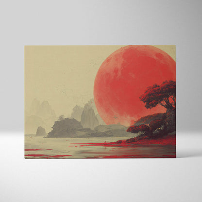 Surreal crimson moon over alien shore canvas wall art with red trees