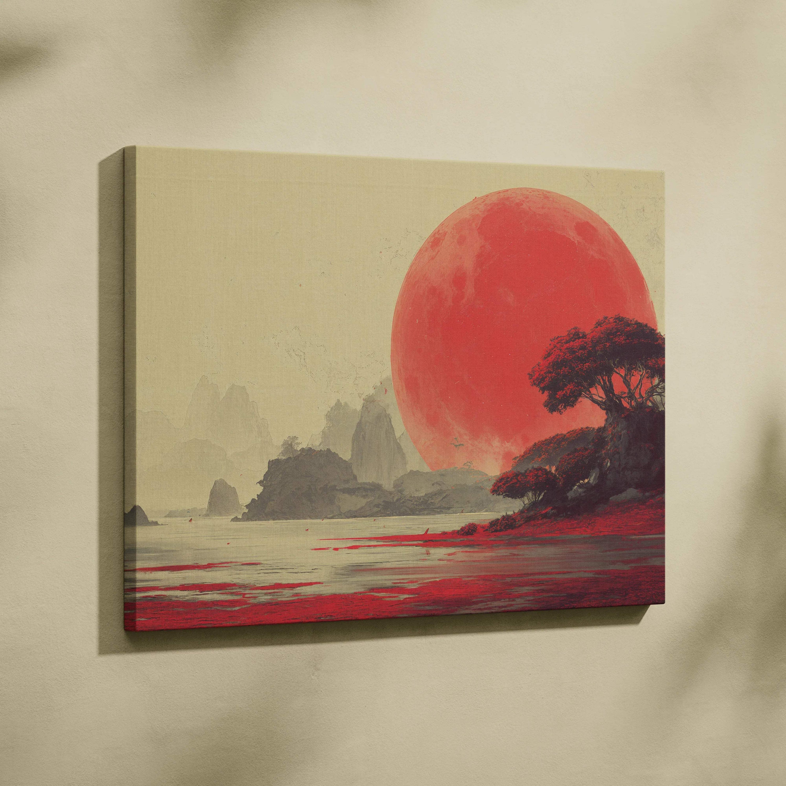 Surreal landscape canvas print with crimson moon, red trees, misty mountains