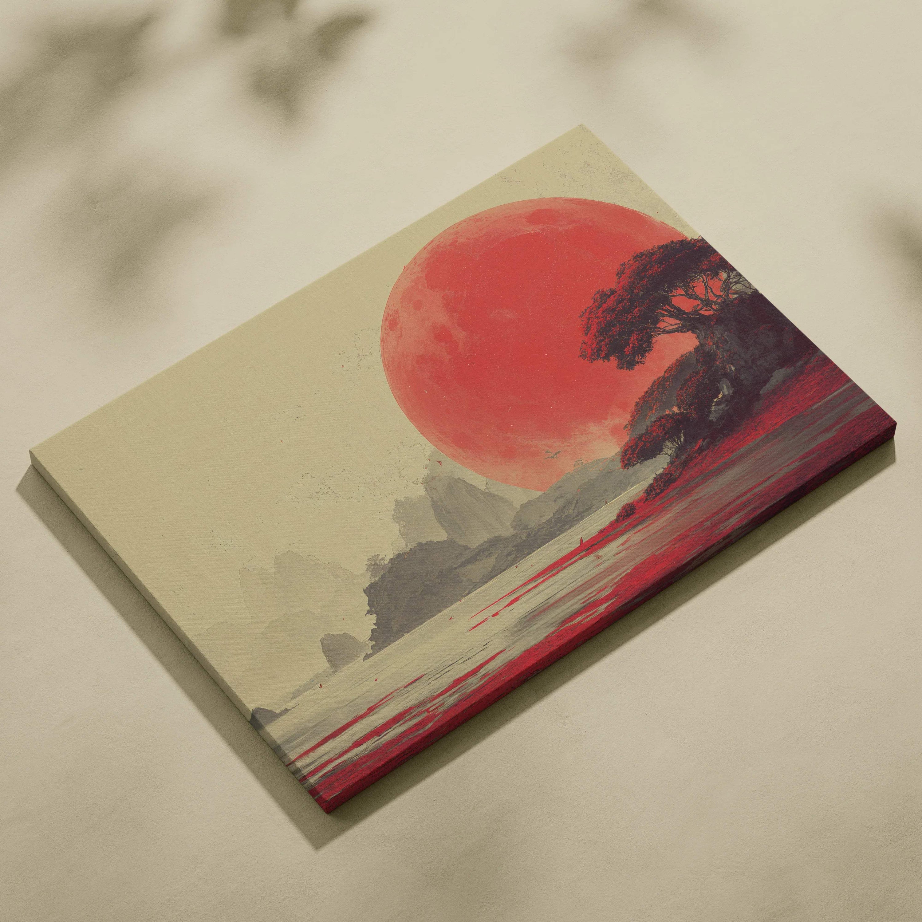 Surreal red sun over silhouetted alien trees and shore canvas art