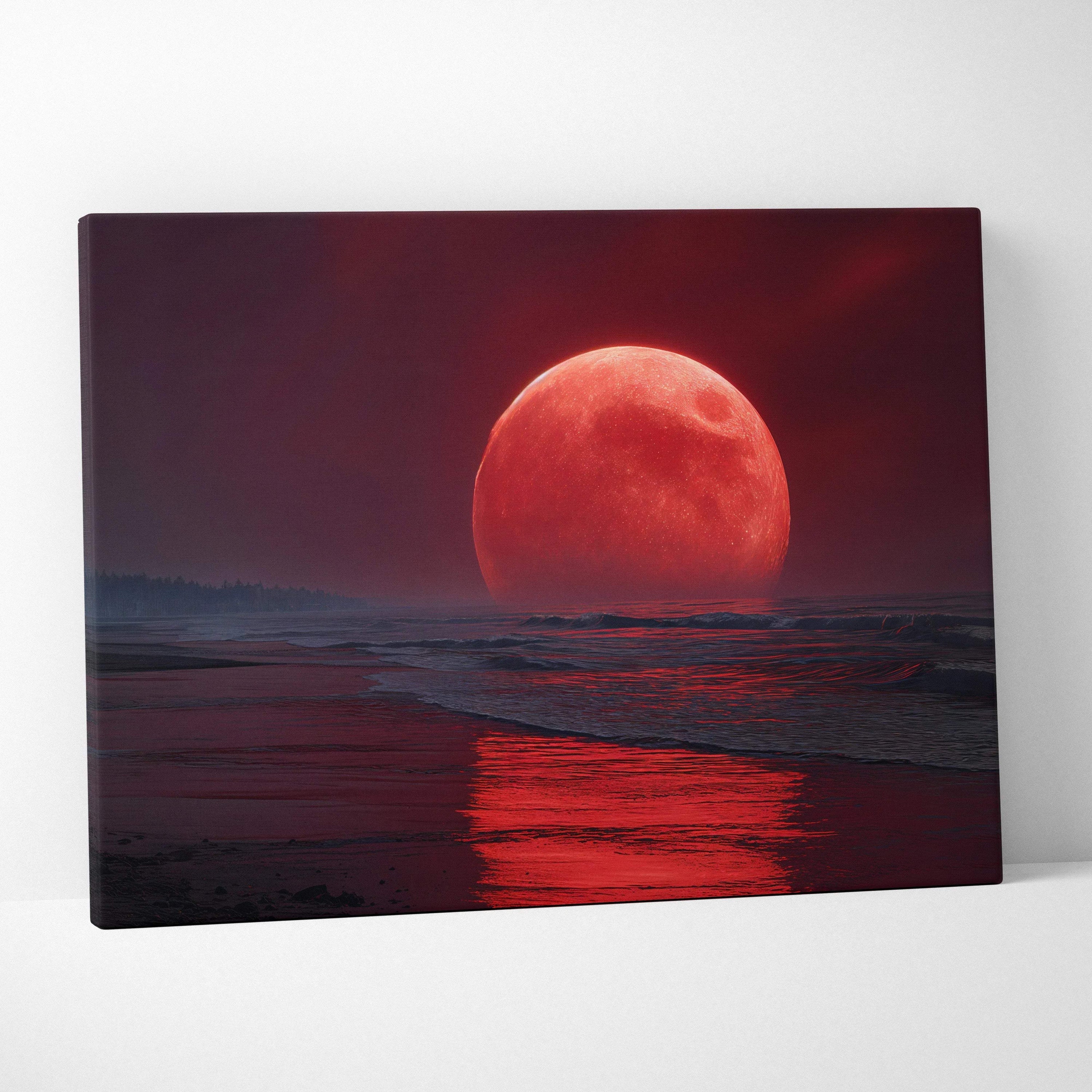 Cinematic surreal blood moon over dark shoreline seascape canvas art