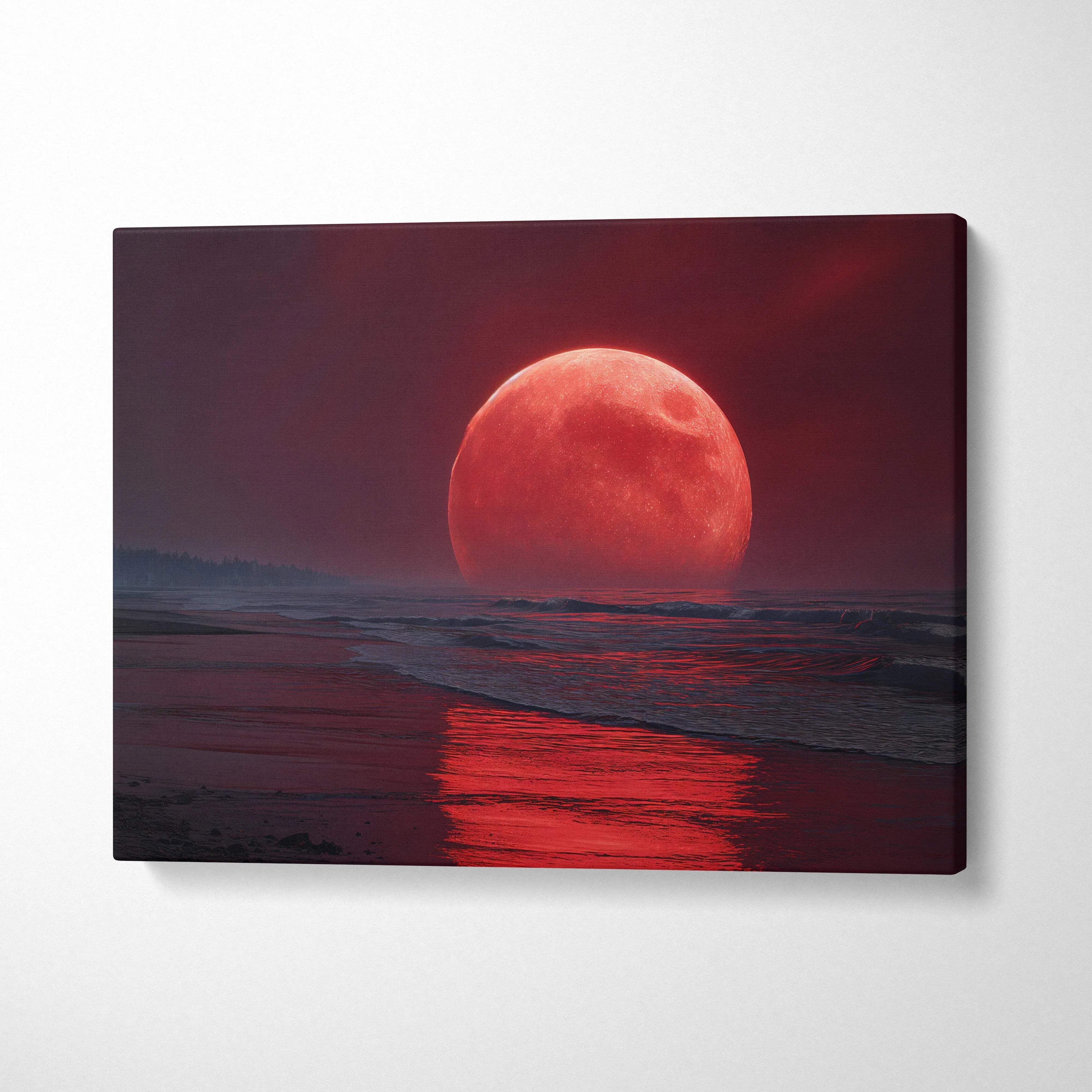 Cinematic blood moon rising over dark reflective shoreline canvas art