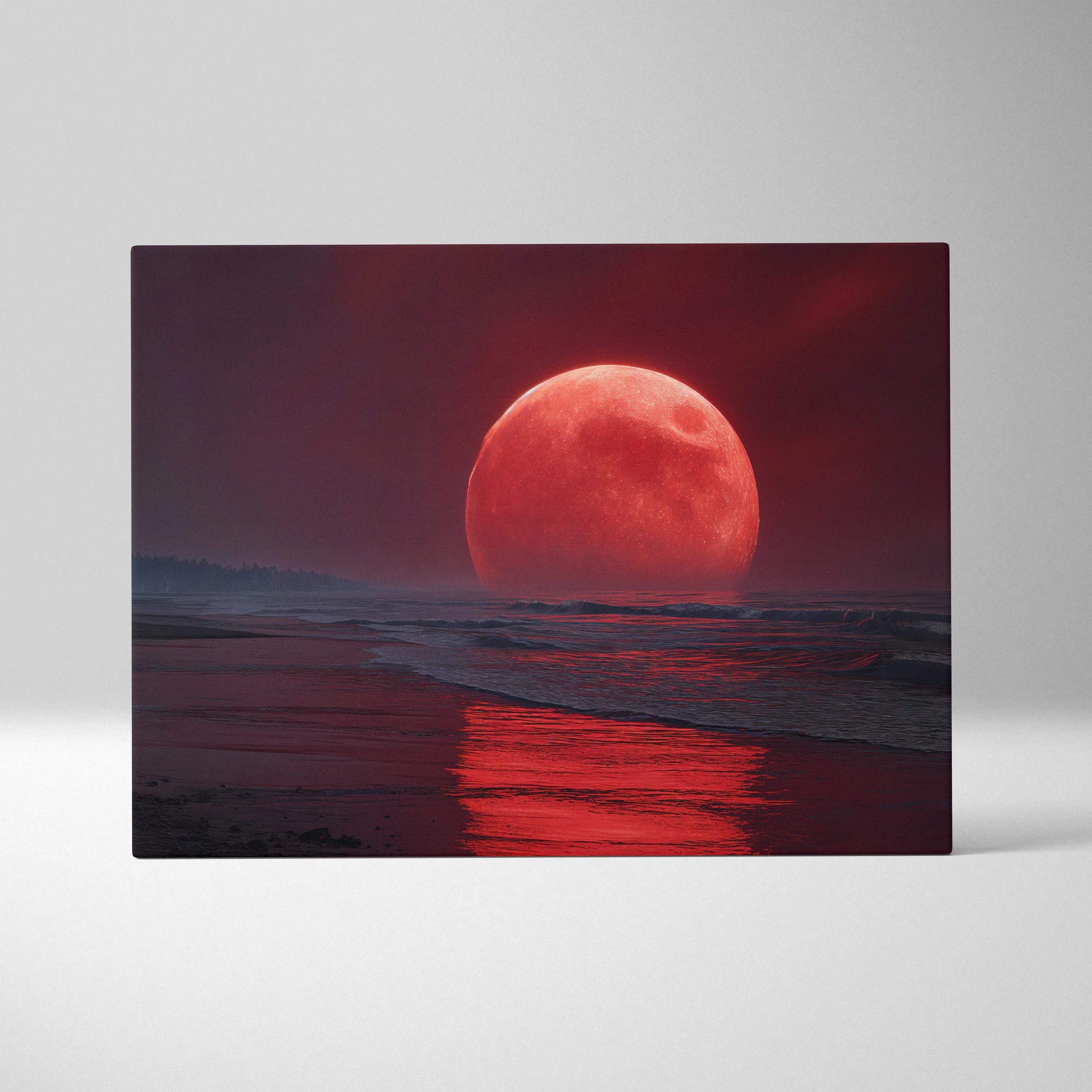 Cinematic blood moon over dark shoreline seascape canvas wall art
