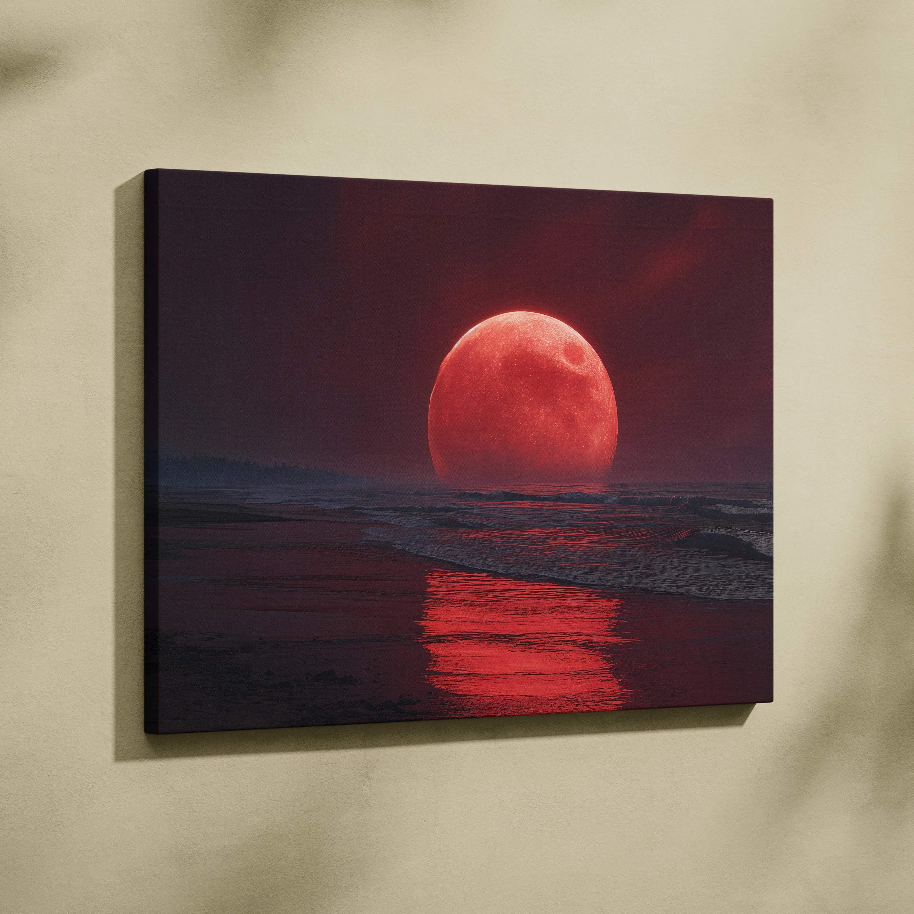 Cinematic blood moon rising over dark ocean waves canvas print