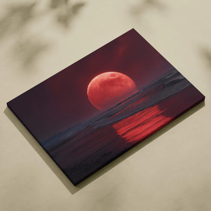 Cinematic surreal blood moon over dark shoreline canvas wall art
