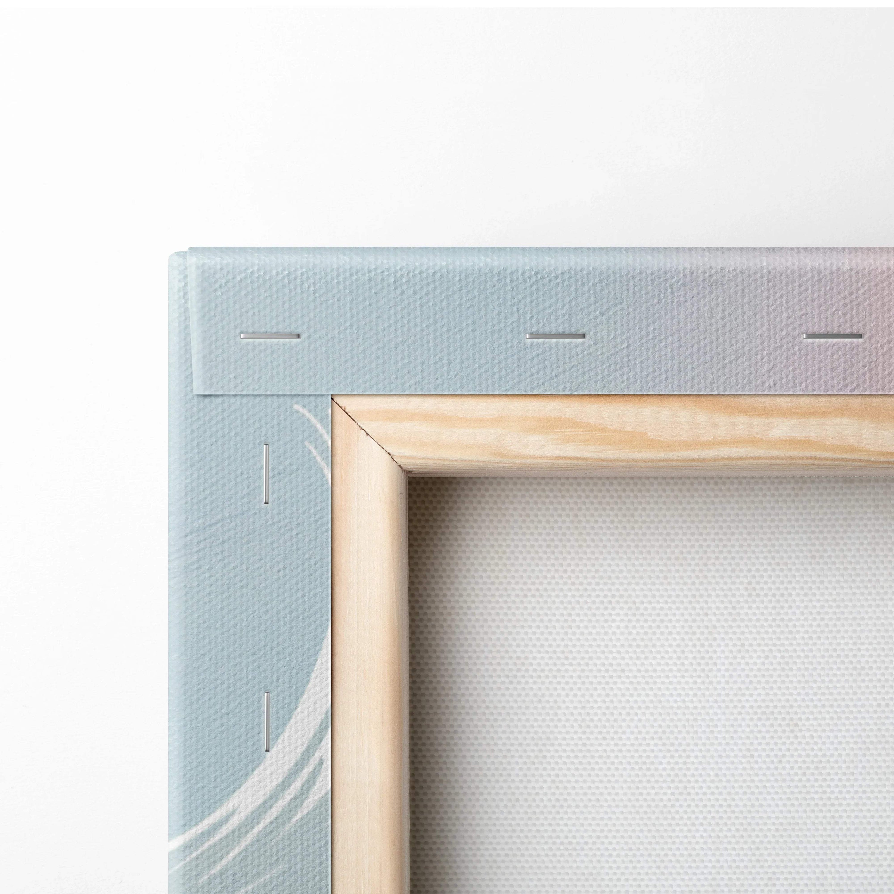 Whimsical storybook castle canvas wall art in soft blues on light blue textured gradient with wood frame