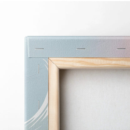 Whimsical storybook castle canvas wall art in soft blues on light blue textured gradient with wood frame