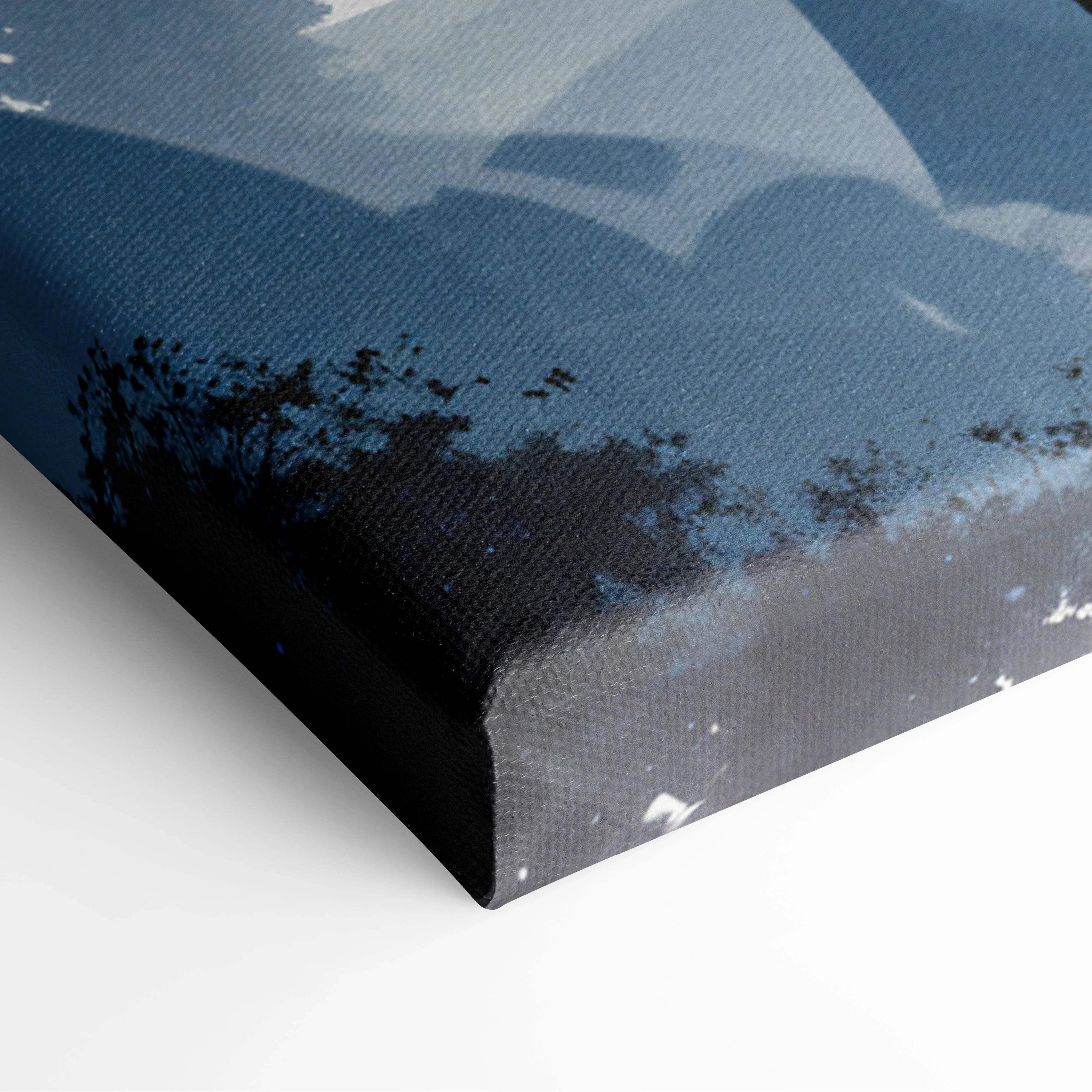 Back of whimsical storybook castle canvas print in soft blues on textured blue-toned fabric with black stretcher bars