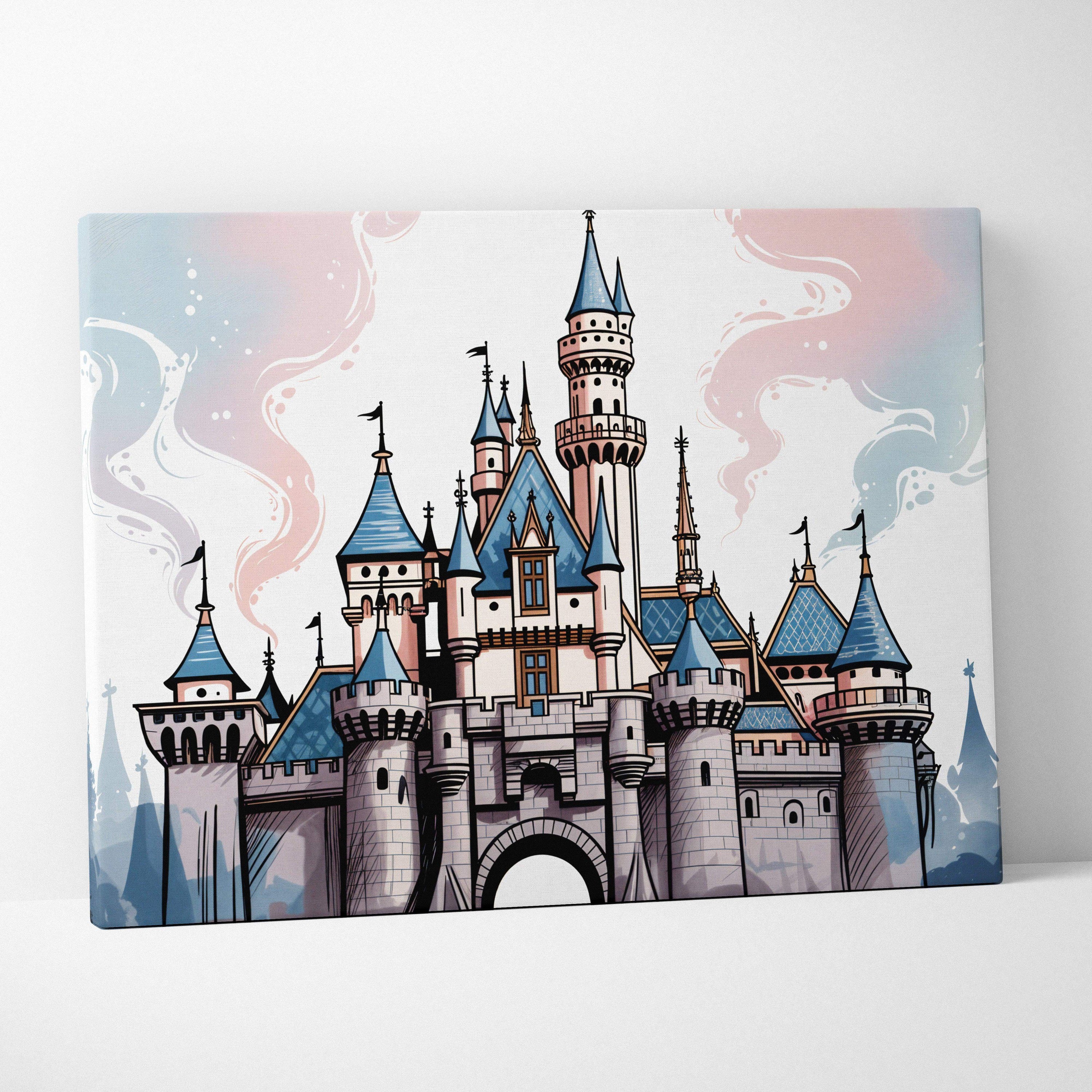 Whimsical storybook castle canvas wall art with tall spires, flags, blue roofs and blush pinks