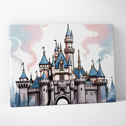 Whimsical storybook castle canvas wall art with tall spires, flags, blue roofs and blush pinks