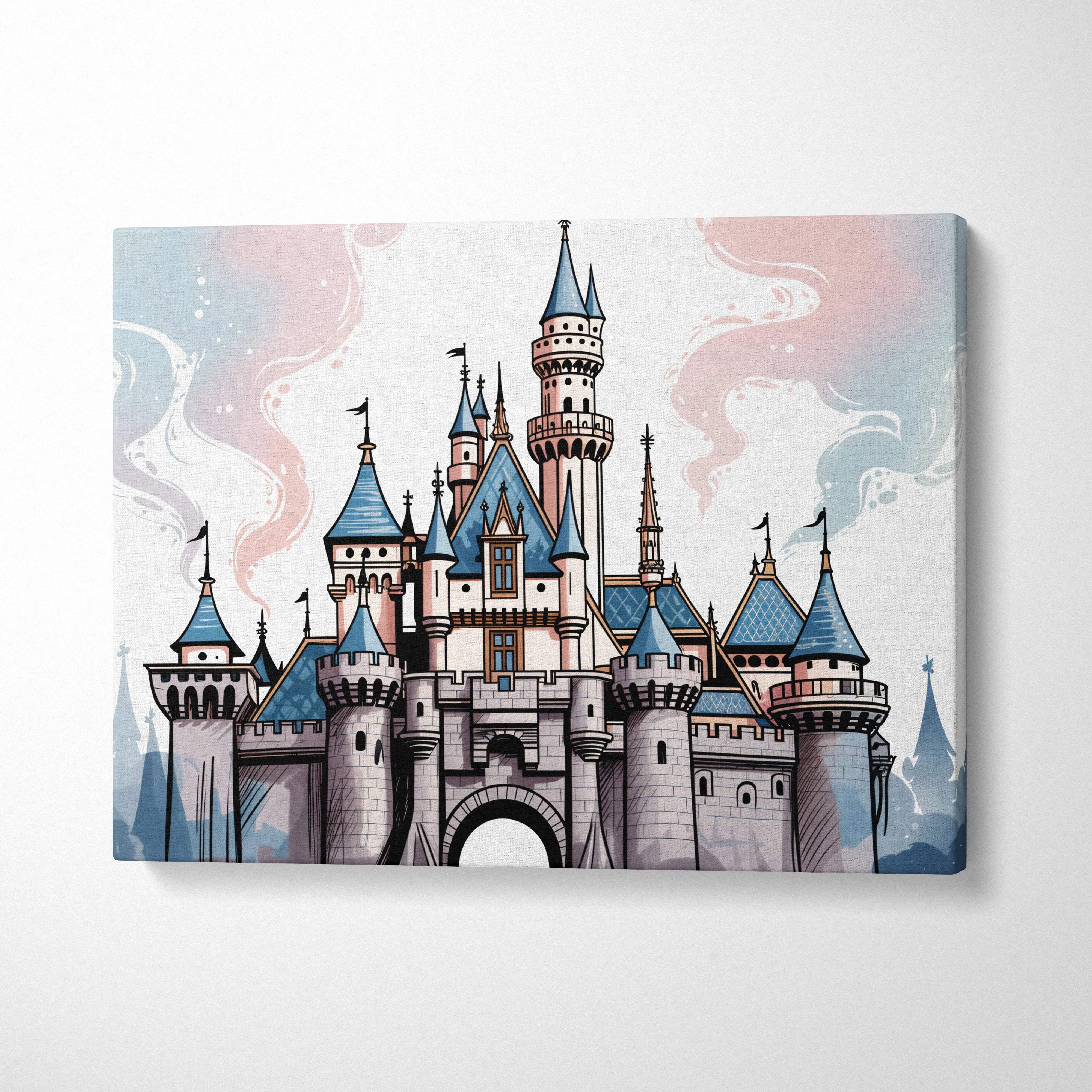 Whimsical storybook castle canvas wall art with tall spires, flags, blue roofs and pink clouds