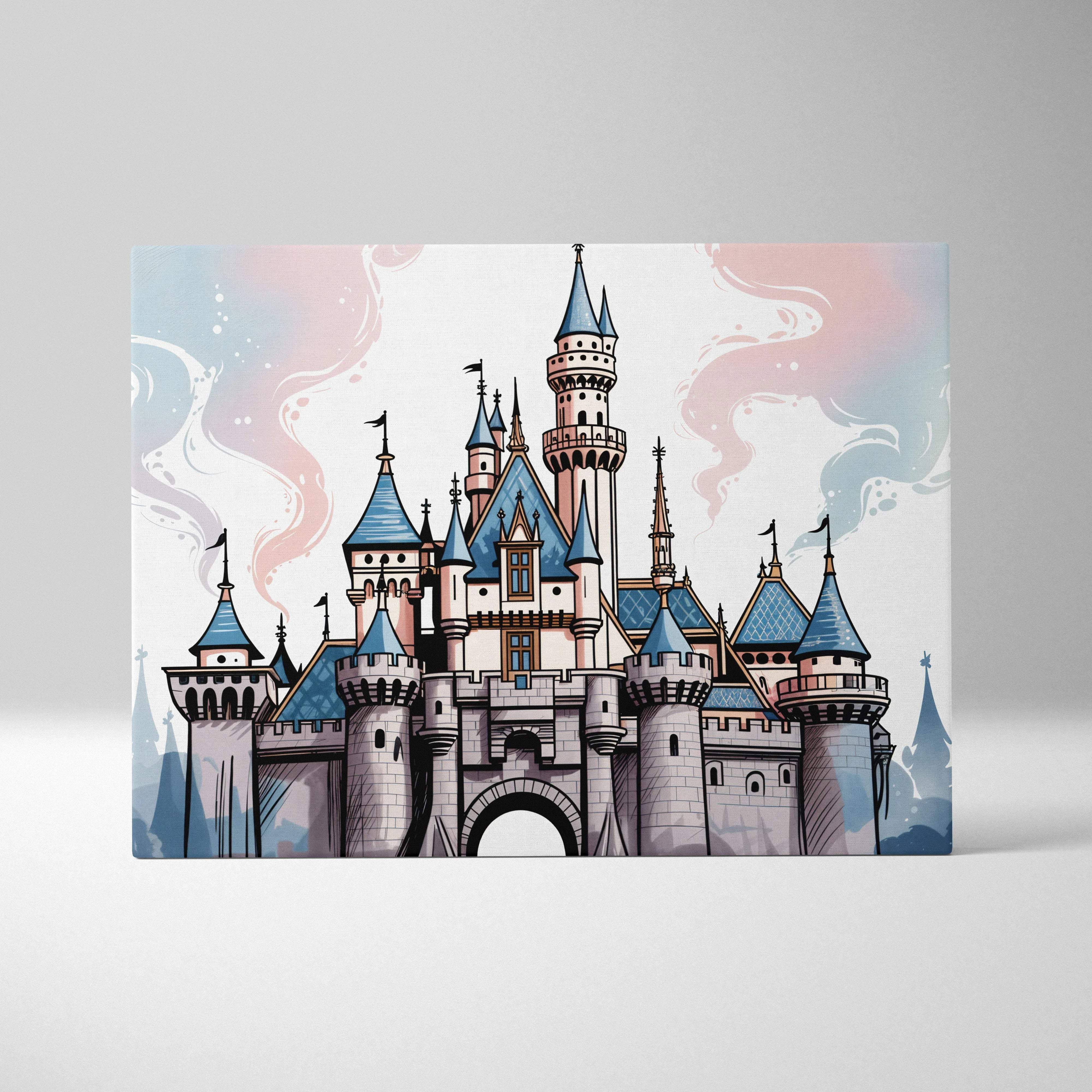 Whimsical storybook castle canvas wall art with tall blue-tiled spires