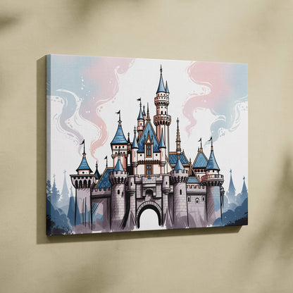 Whimsical storybook castle canvas wall art with blue-tiled turrets, tall spires, flags, pink-and-blue clouds