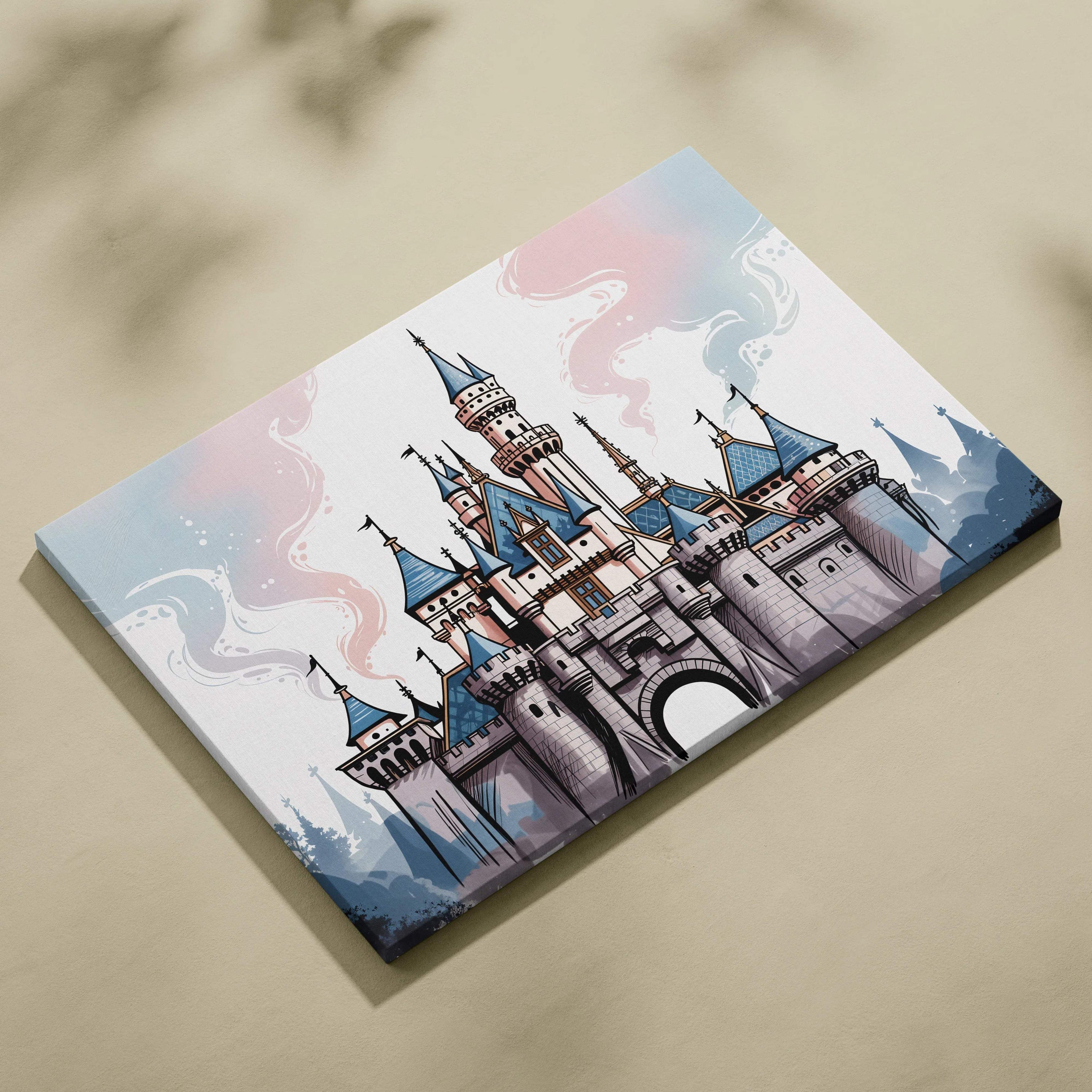 Whimsical storybook castle canvas wall art with tall blue pink spires flags pastel sky