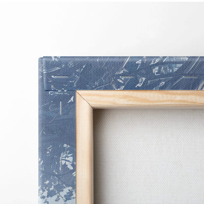 Blue textured canvas frame with light wood border, ethereal fantasy crystal city art