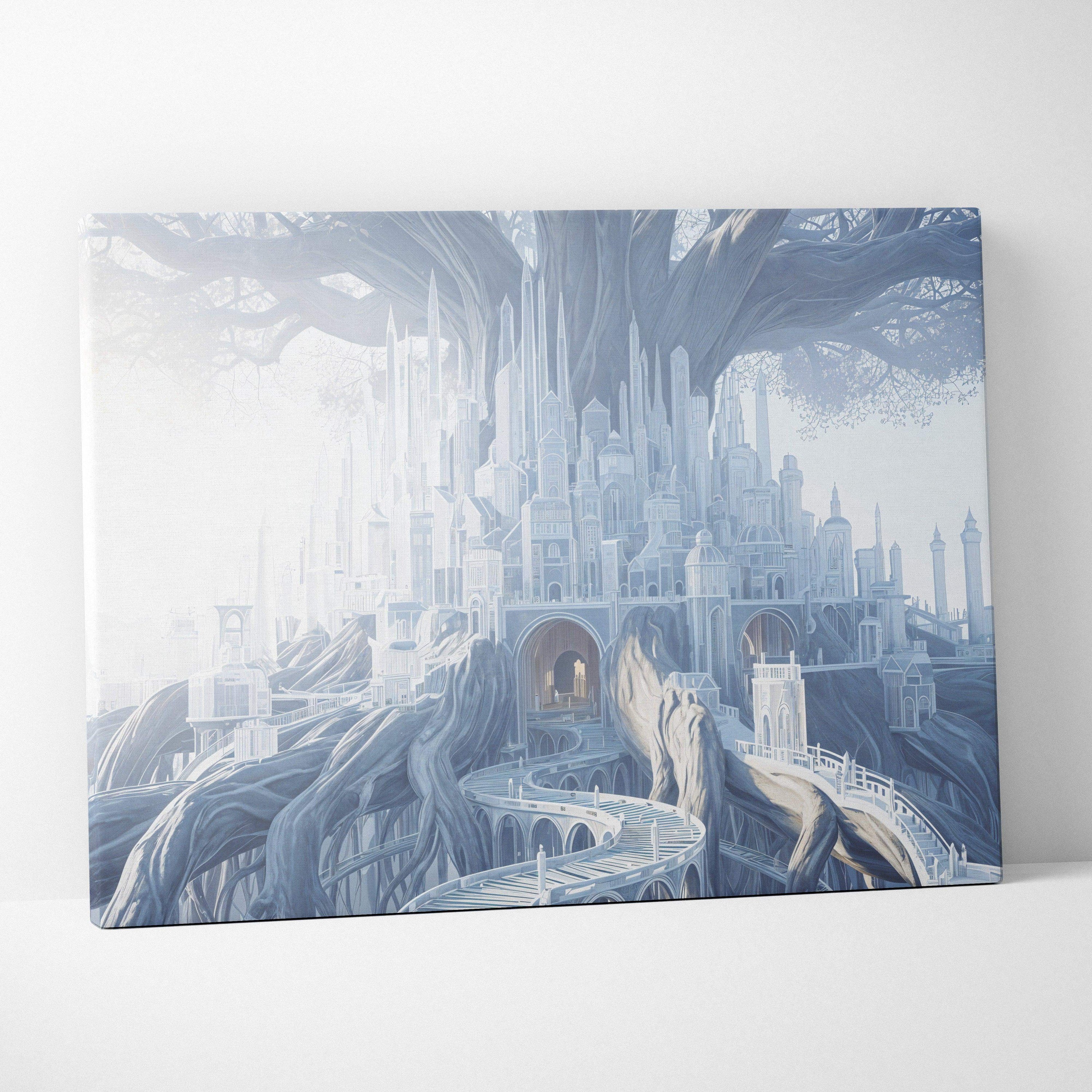 Ethereal fantasy crystal city in ancient tree dreamscape canvas art