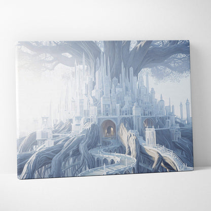 Ethereal fantasy crystal city in ancient tree dreamscape canvas art