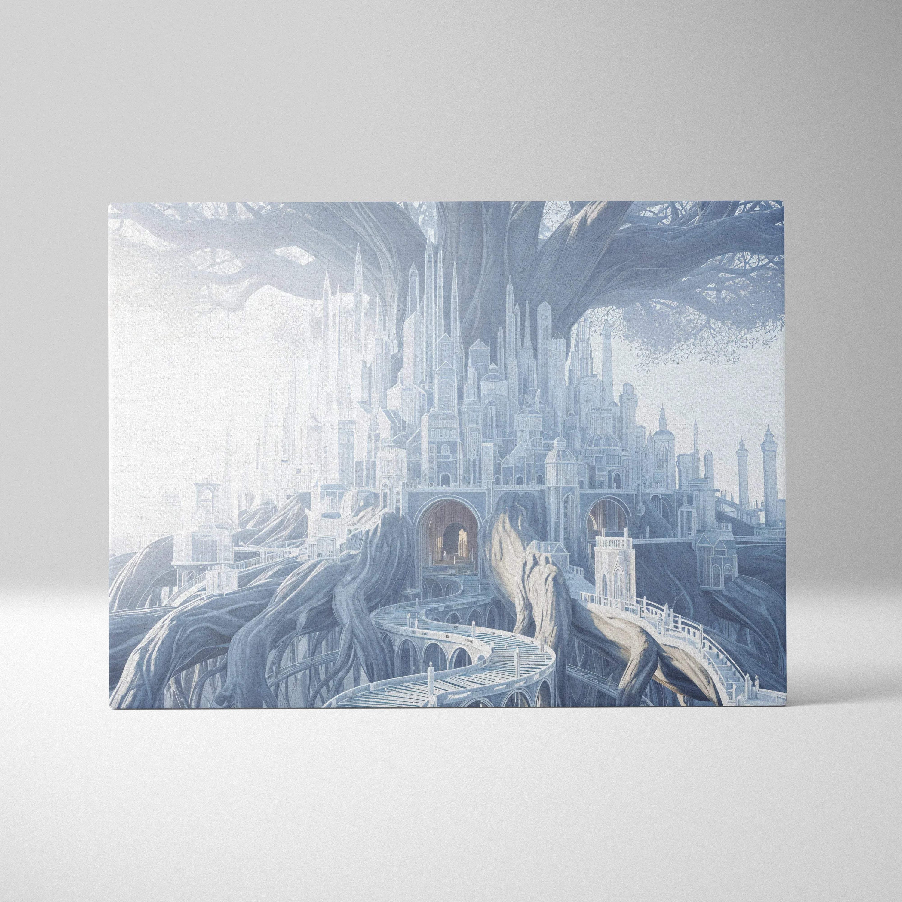 Ethereal fantasy crystal city in ancient tree dreamscape canvas art