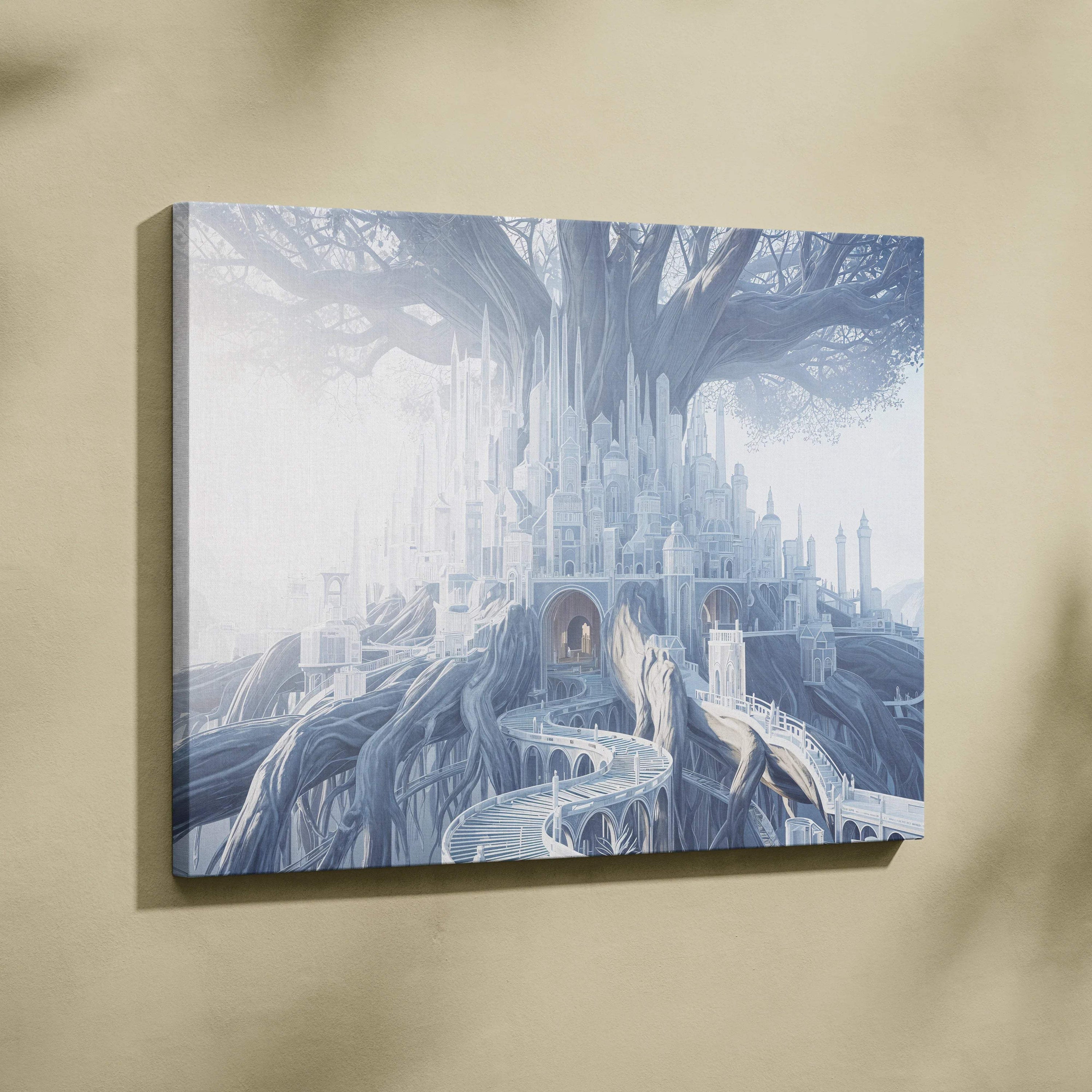 Ethereal fantasy crystal city in ancient tree dreamscape canvas art in icy whites pale blues
