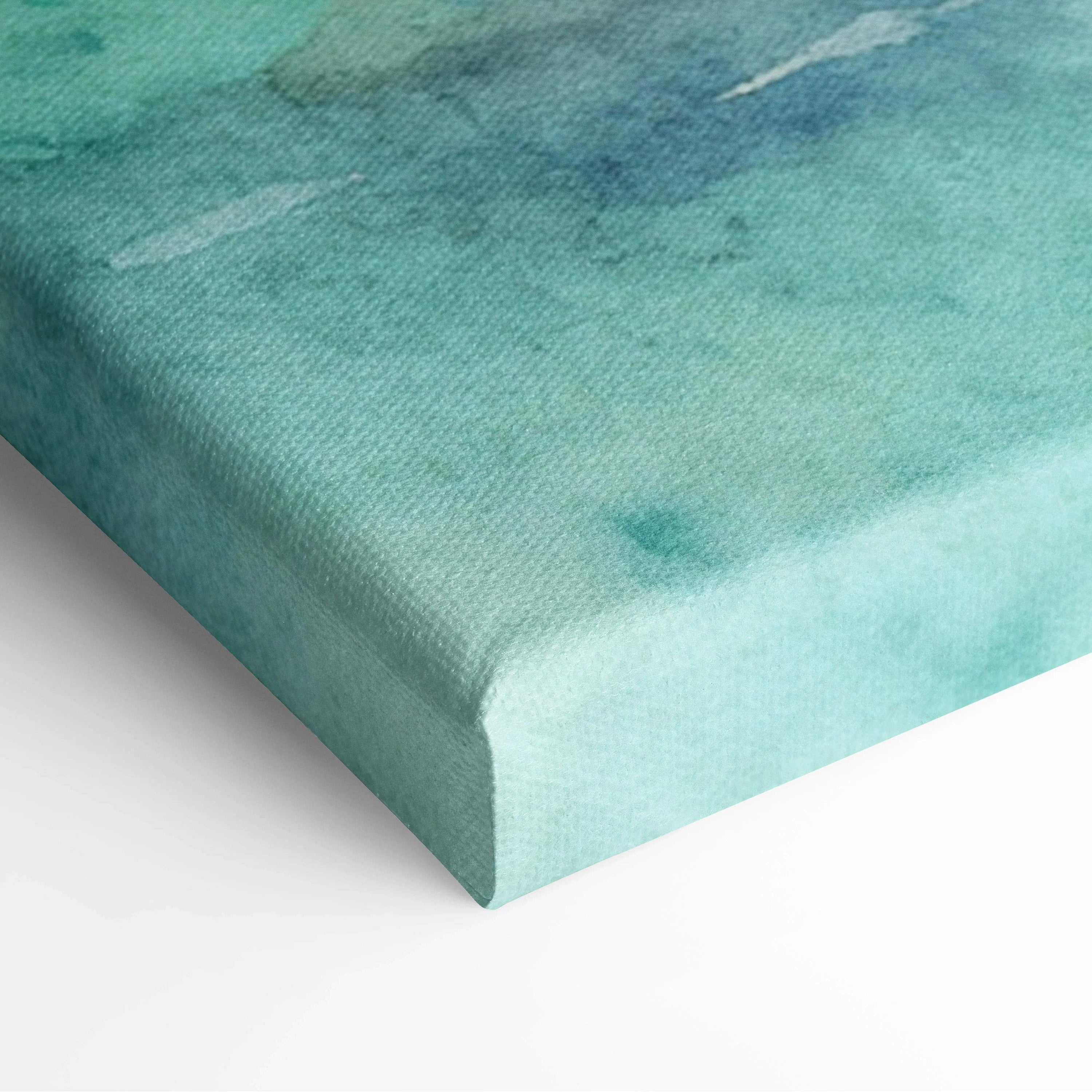 Teal watercolor textured canvas of tropical island with palm trees and turquoise sea
