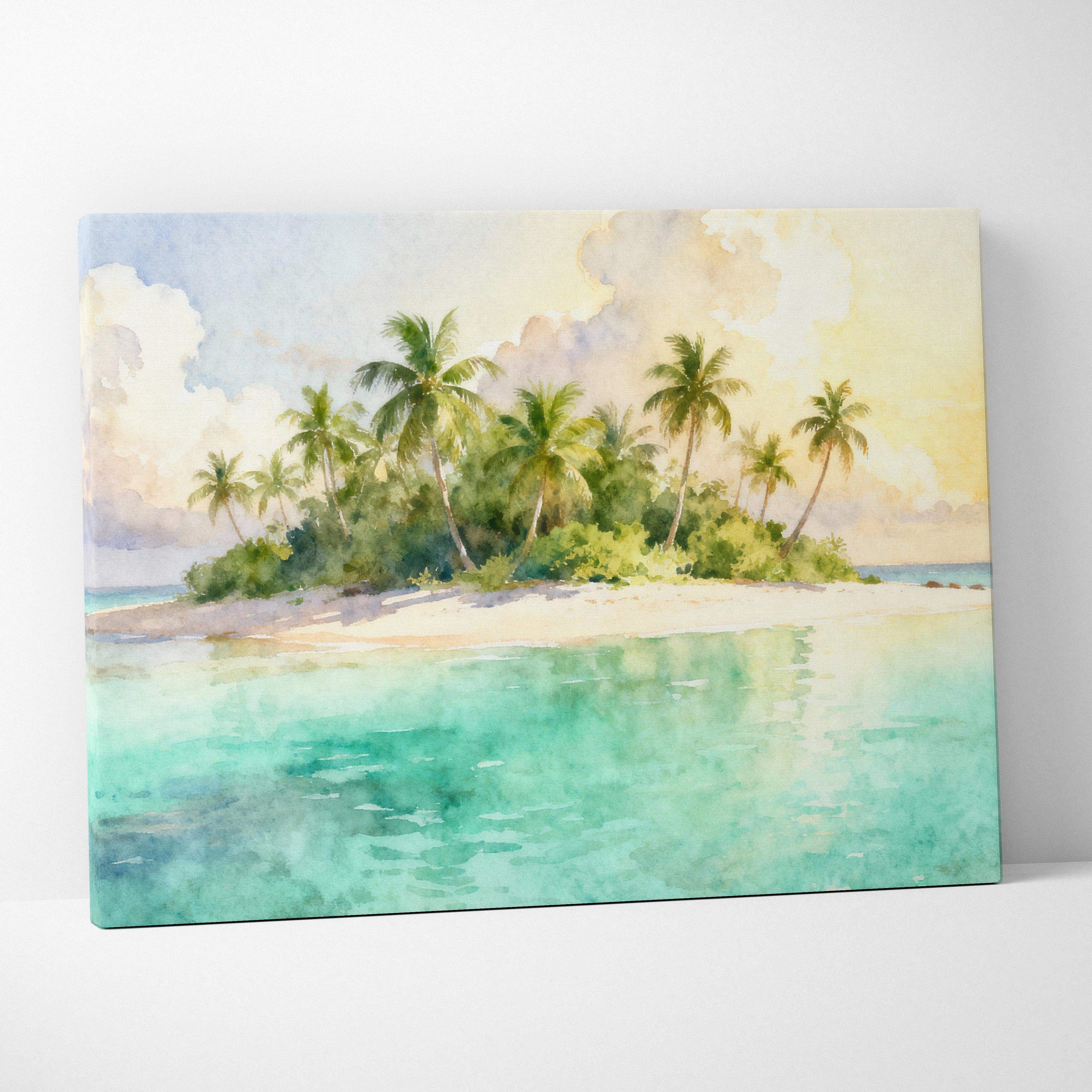 Watercolor tropical island canvas art with palm trees and turquoise sea