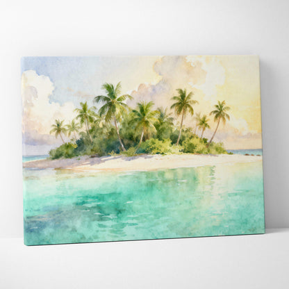 Watercolor tropical island canvas art with palm trees and turquoise sea