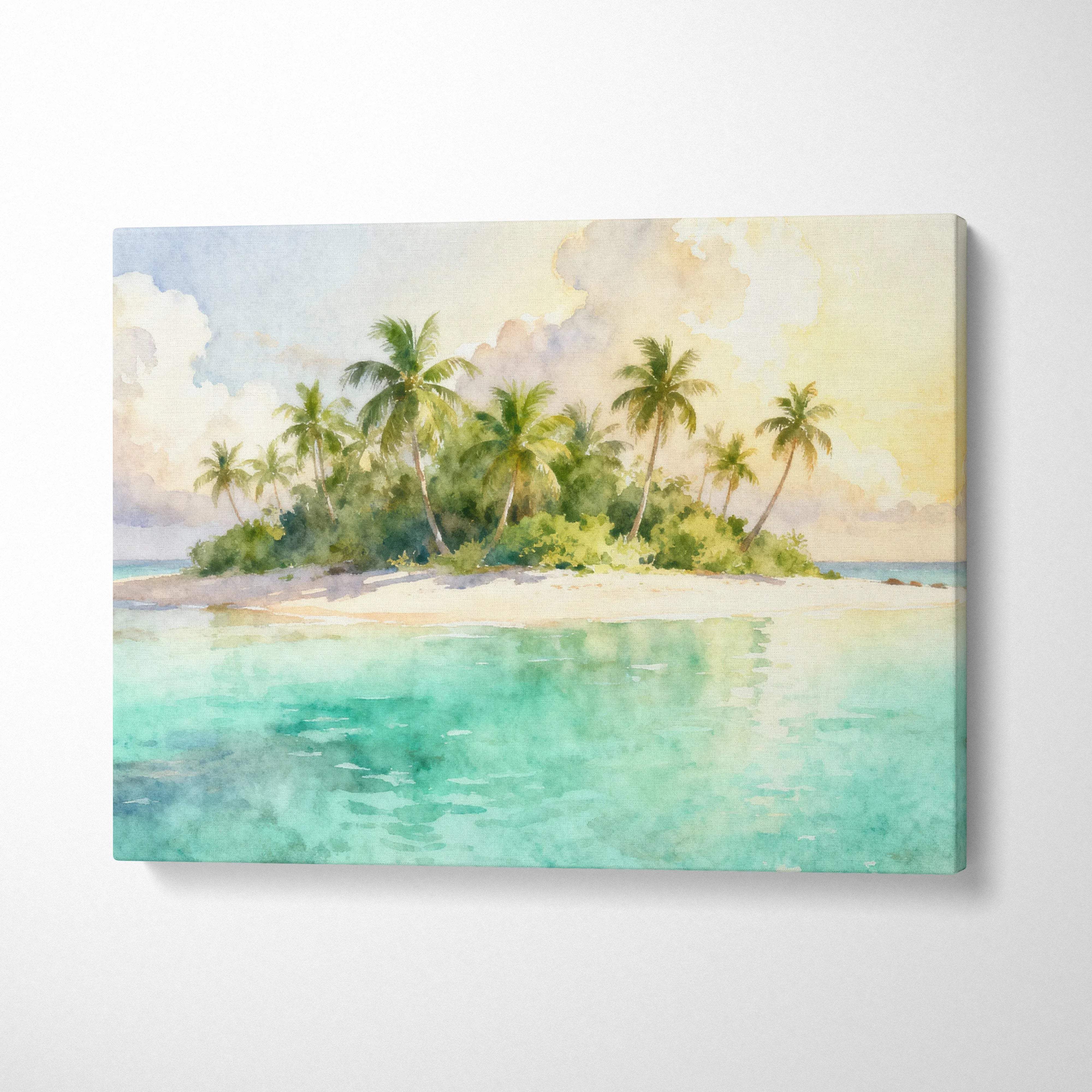 Watercolor tropical island canvas art with palm trees and turquoise sea