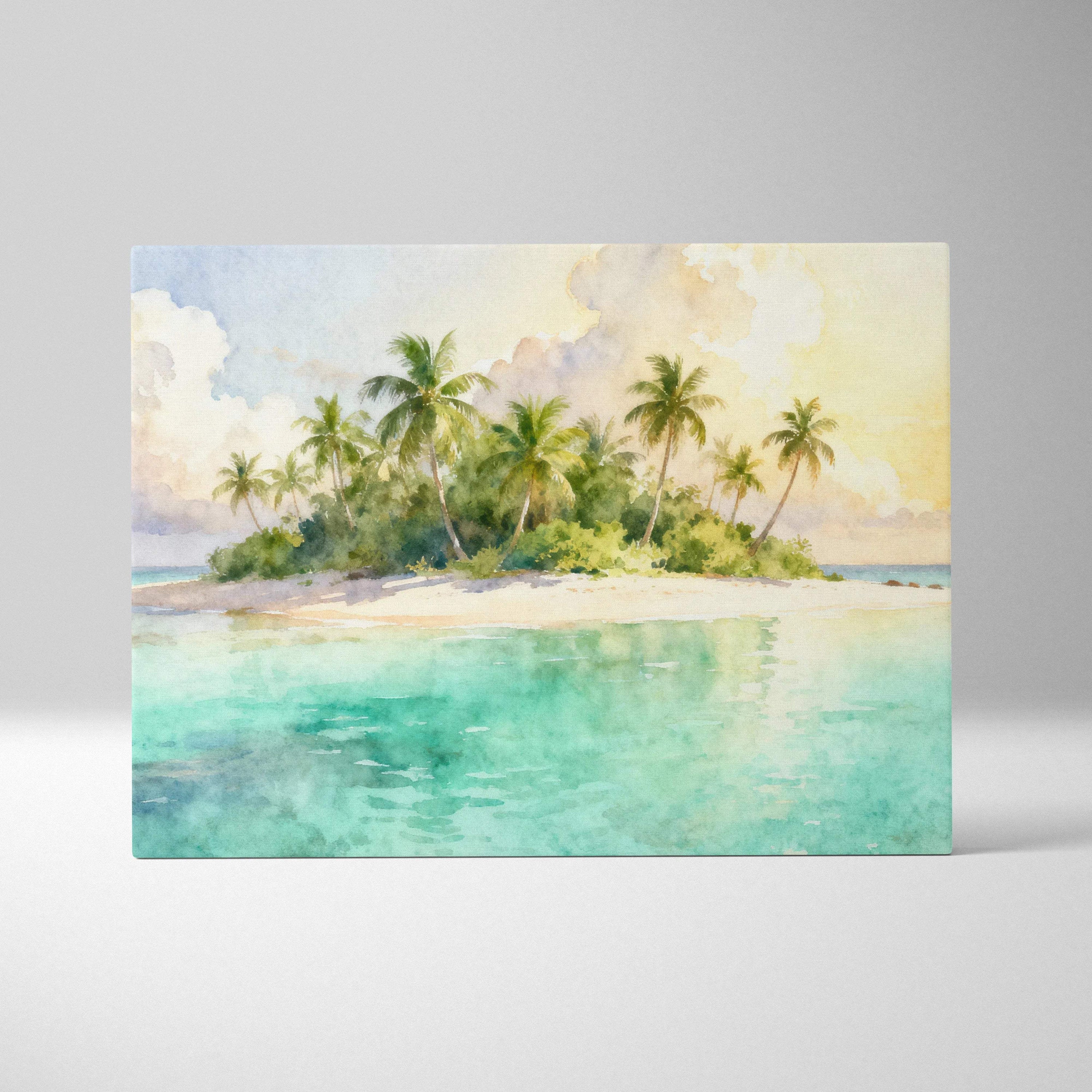 Watercolor tropical island canvas wall art with palm trees and turquoise sea